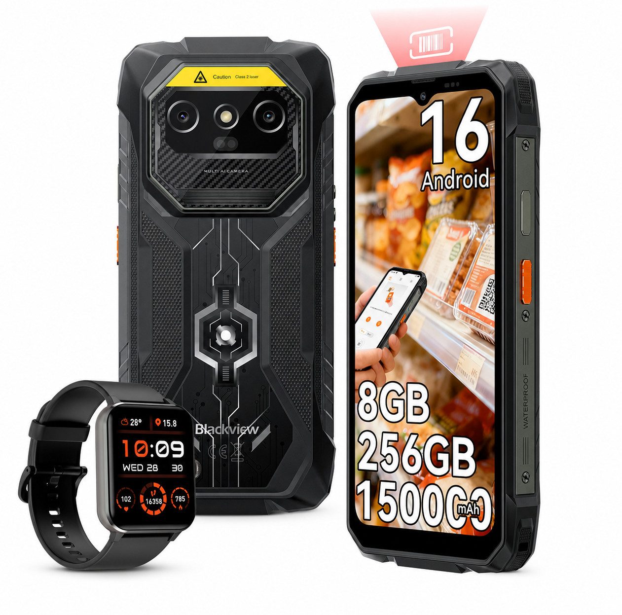 blackview ROCK 1 Pro 2D-Scan, Android 16, 15000mAh, 32GB+256GB incl. R50 Outdoor Smartphone (16,66 cm, 16 MP+20 MP Kamera, Android 16, 6,56"+2.01", 256GB, 16MP+20MP Nachtsicht, 33W)