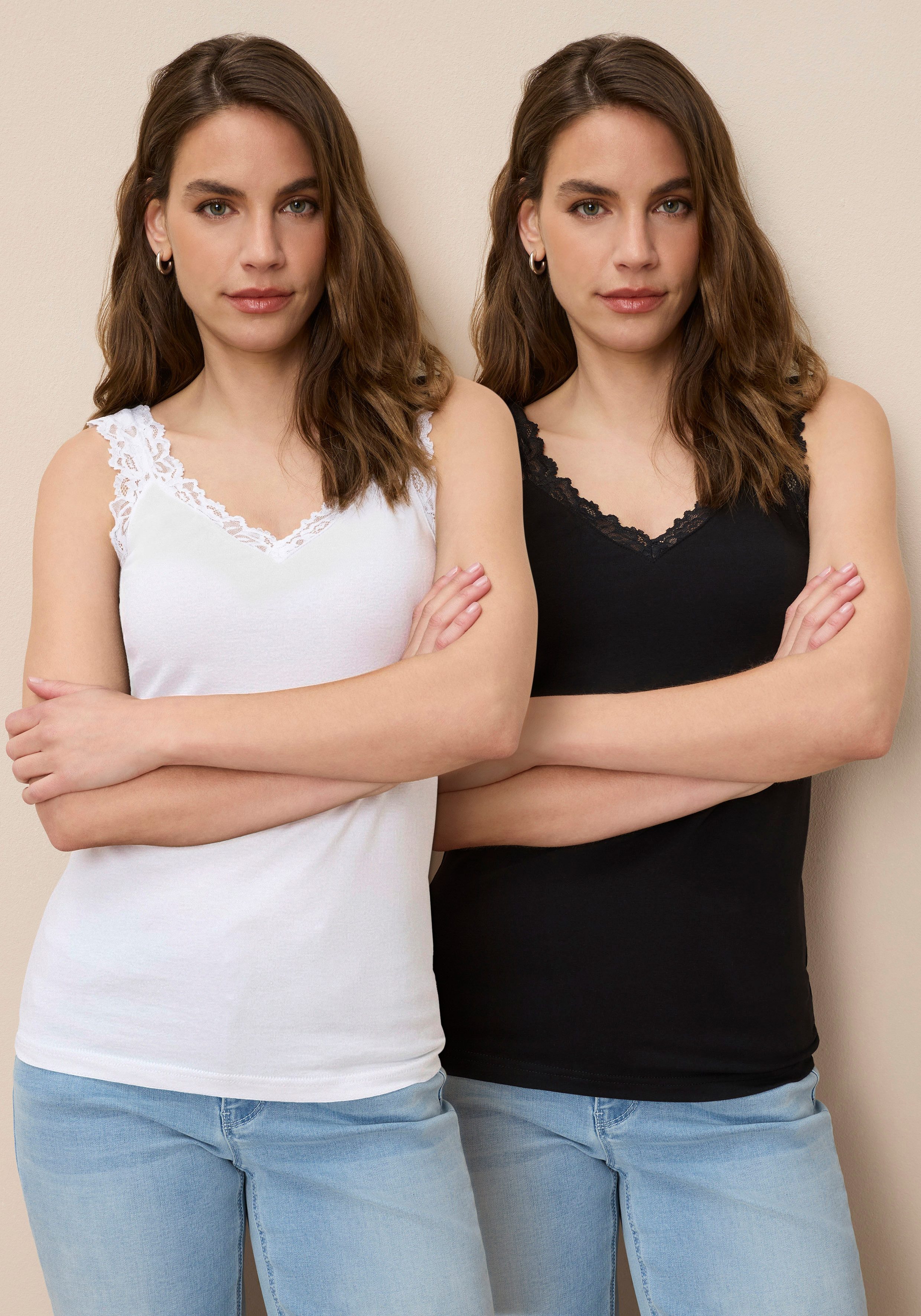 Tamaris Spitzentop mit femininen V-Ausschnitt, figurbetont. Reduzierter Preis € 28,99. Unverbindliche Preisempfehlung € 34,99, (€ 28,99 pro 1 Stk)