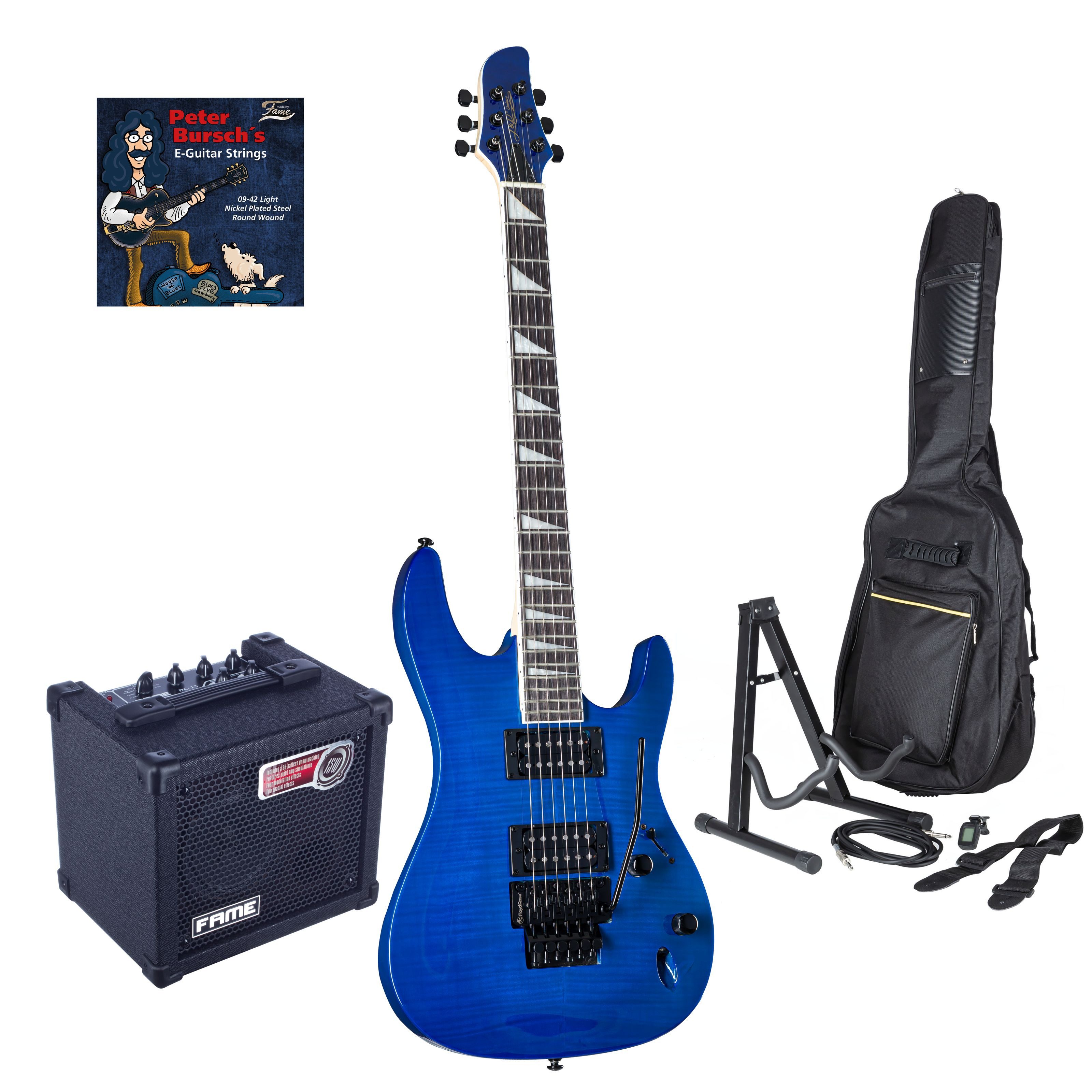 J & D EGitarre, EGitarren Anfänger Set 8051F SBL + DC 15 Double Cut Linde Korpus Ahorn Hals