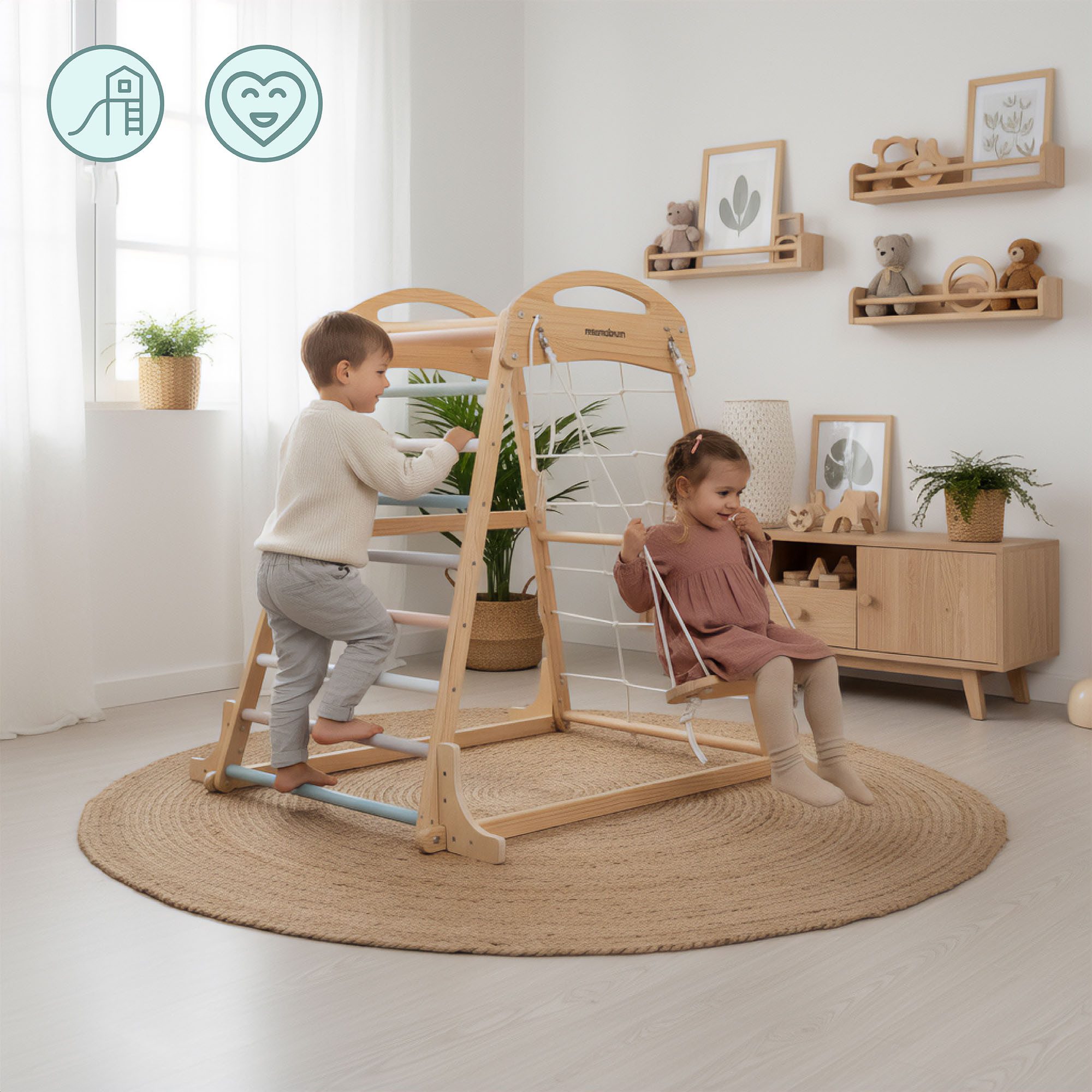 Mamabrum Klettergerüst Indoor Spielplatz – Kletterturm aus Holz mit Ringen & Schaukel