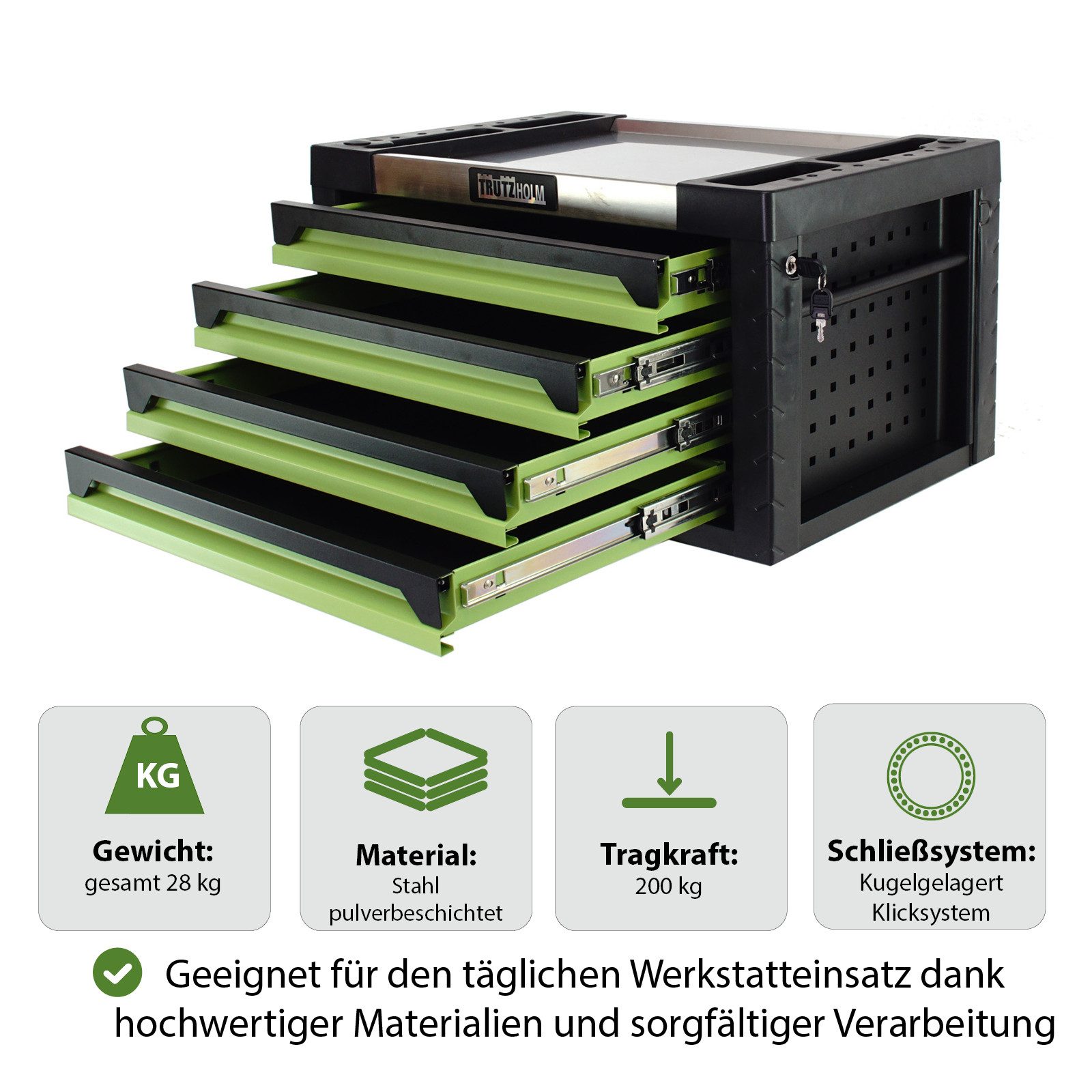 TRUTZHOLM Werkstattwagen Werkzeugkiste 4 Schubladen ca. 68 x 46 cm leer grün Aufsatz, Vollauszug