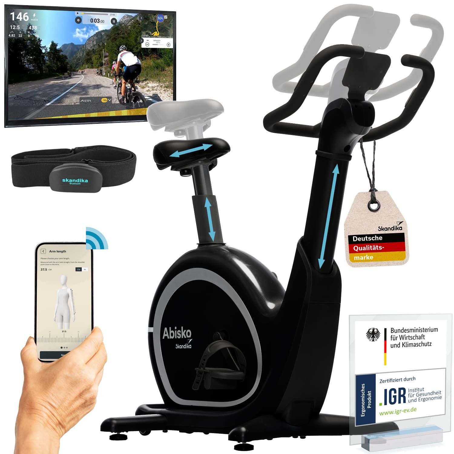 Skandika Ergometer Abisko, Weltneuheit, Smarter Ergometer für Zuhause mit App Steuerung, EMS-Widerstand, Auto.Lenker- & Satteleinstellung, 36 Widerstandsstufen