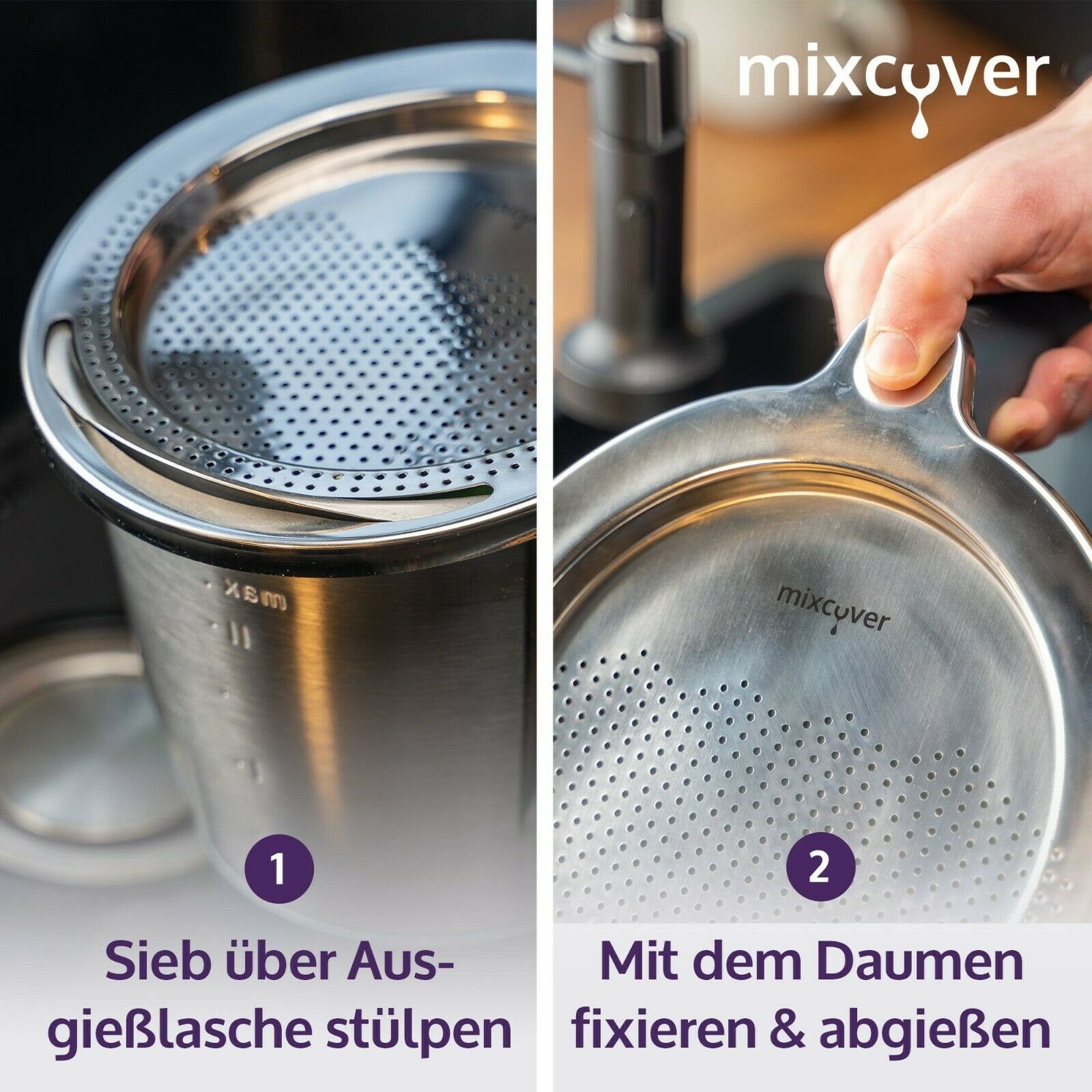TM5, abgießen TM6 Küchenmaschinen-Adapter Nudeln Mixcover Thermomix uvm. mixcover und Edelstahl Sieb Abgieß-Hilfe