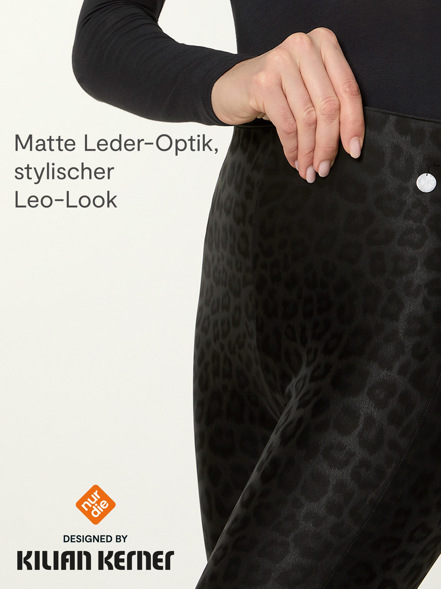 Nur Die Leggings NUR DIE x KILIAN KERNER Damen Vegane Lederoptik-Leggings in Leo-Muster leicht angeraute Innenseite - breiter Bund sorgt für sicheren Sitz