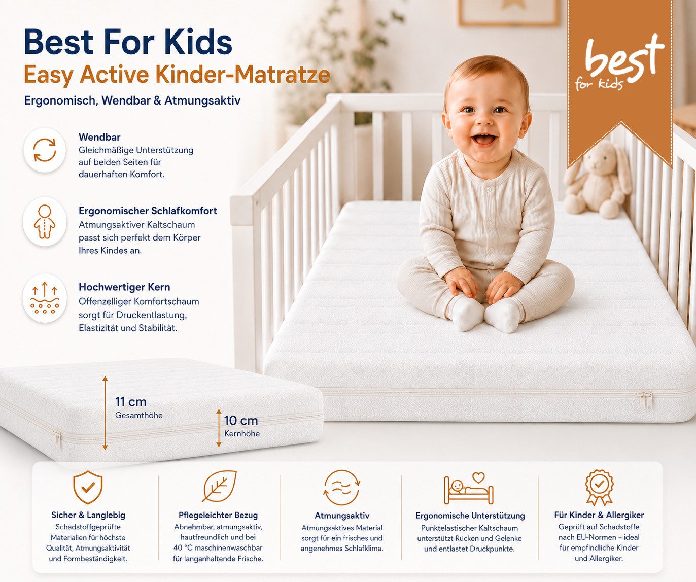 Kindermatratze Easy Active Kindermatratze – Kaltschaum mit atmungsaktivem Bezug, Best for Kids, 10 cm hoch, (1-teilig, 1-teilig), ergonomischer Kaltschaumkern f – Bild 3 von 5