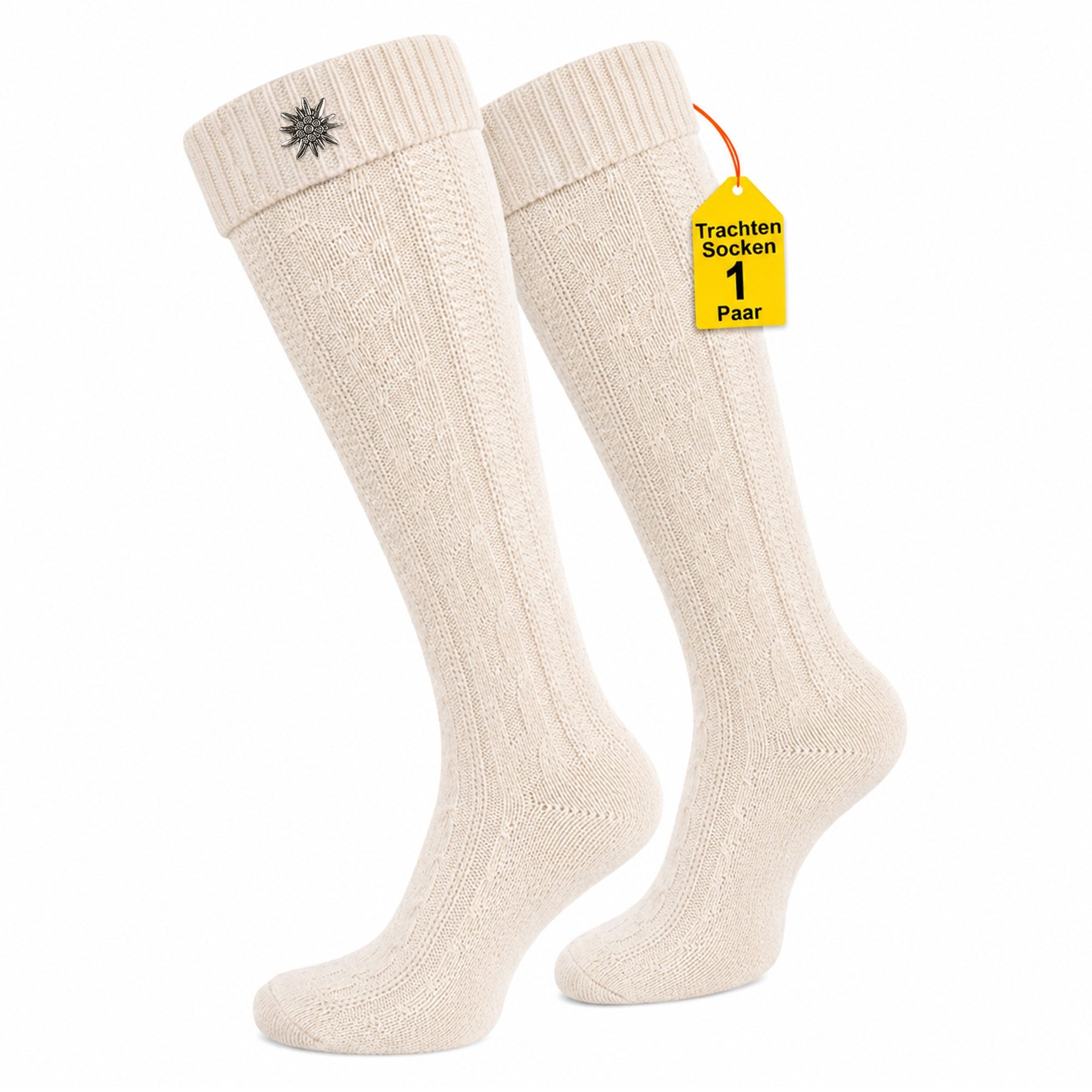 German Wear Trachtensocken GW200 Edelweiß Trachtensocken Trachtenstrümpfe Zopfmuster mit Edelweiß Pin 40cm