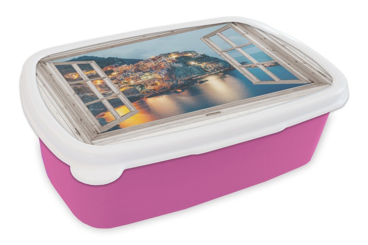 MuchoWow Lunchbox Ausblick - Italien für (2-tlg), - Brotdose Meer, Brotbox Kunststoff, Kunststoff Erwachsene, rosa Snackbox, Kinder, Mädchen