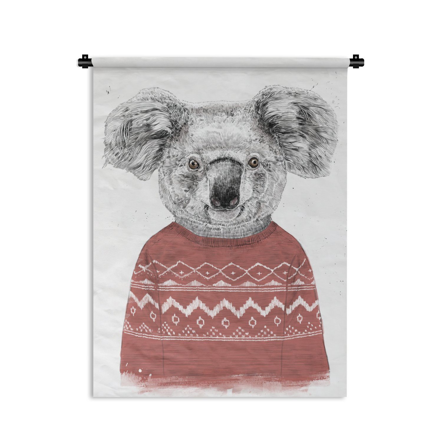 MuchoWow Wanddekoobjekt Koala - Winter - Pullover - Rot, Deko für an der Wand, Wohnzimmer, Tapisserie, Schlafzimmer