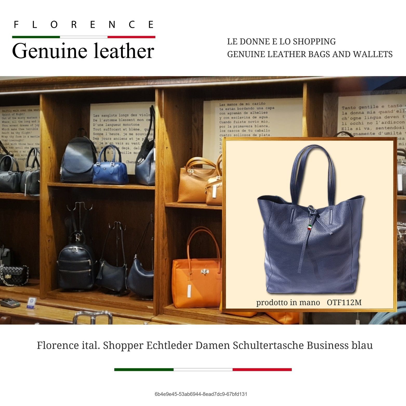 FLORENCE Shopper Florence Echtleder Schultertasche blau (Schultertasche, Shopper), Damen Tasche Echtleder, Rindsleder blau, Made-In Italy