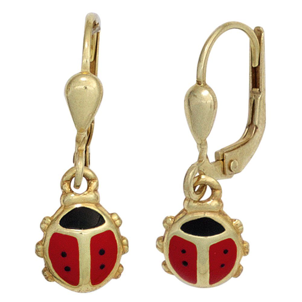 Schmuck Krone Paar Ohrhänger Ohrringe Ohrhänger Boutons Marienkäfer 333  Gold Gelbgold schwarz rot Kinder, Gold 333