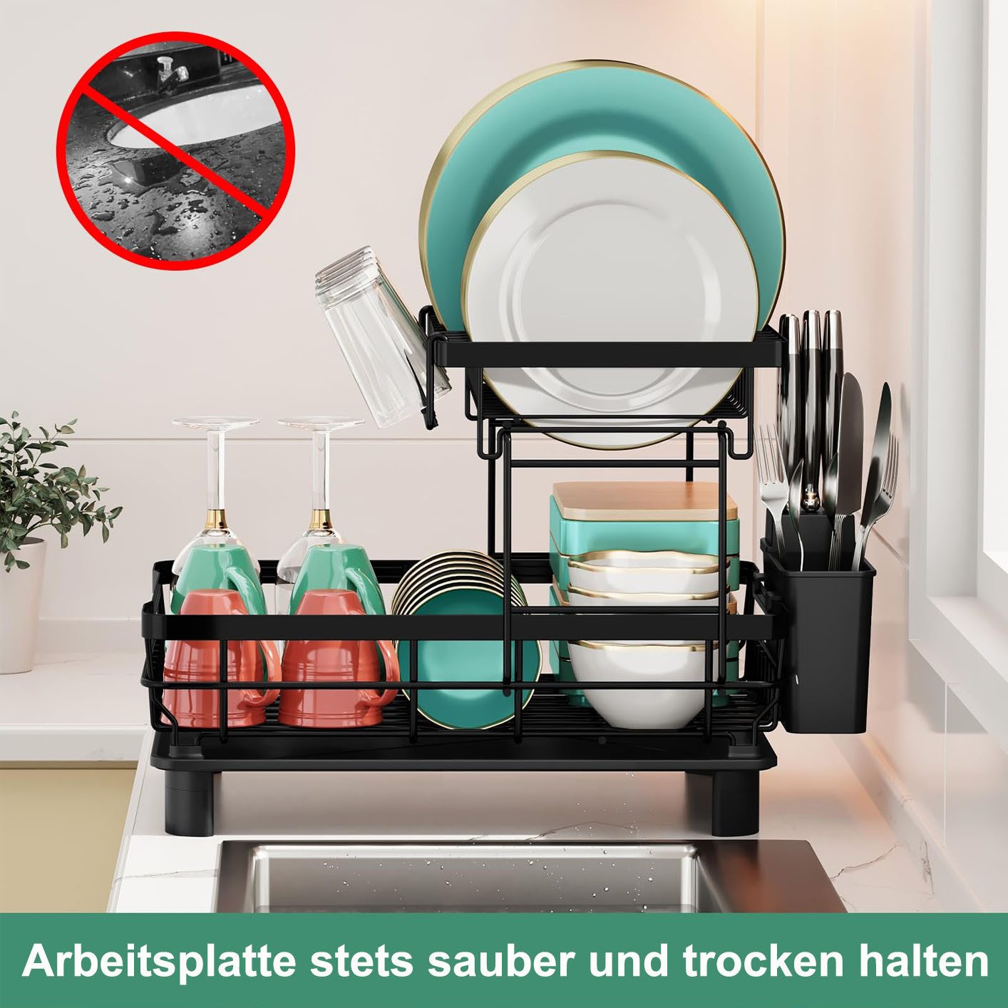 SURFOU Geschirrständer Abtropfgestell Geschirr Geschirrabtropfgestell Spüle Spüllappenhalter, Zubehör für Küche 2-Tier Geschirrabtropfgestell, mit Utensilienhal – Bild 5 von 5