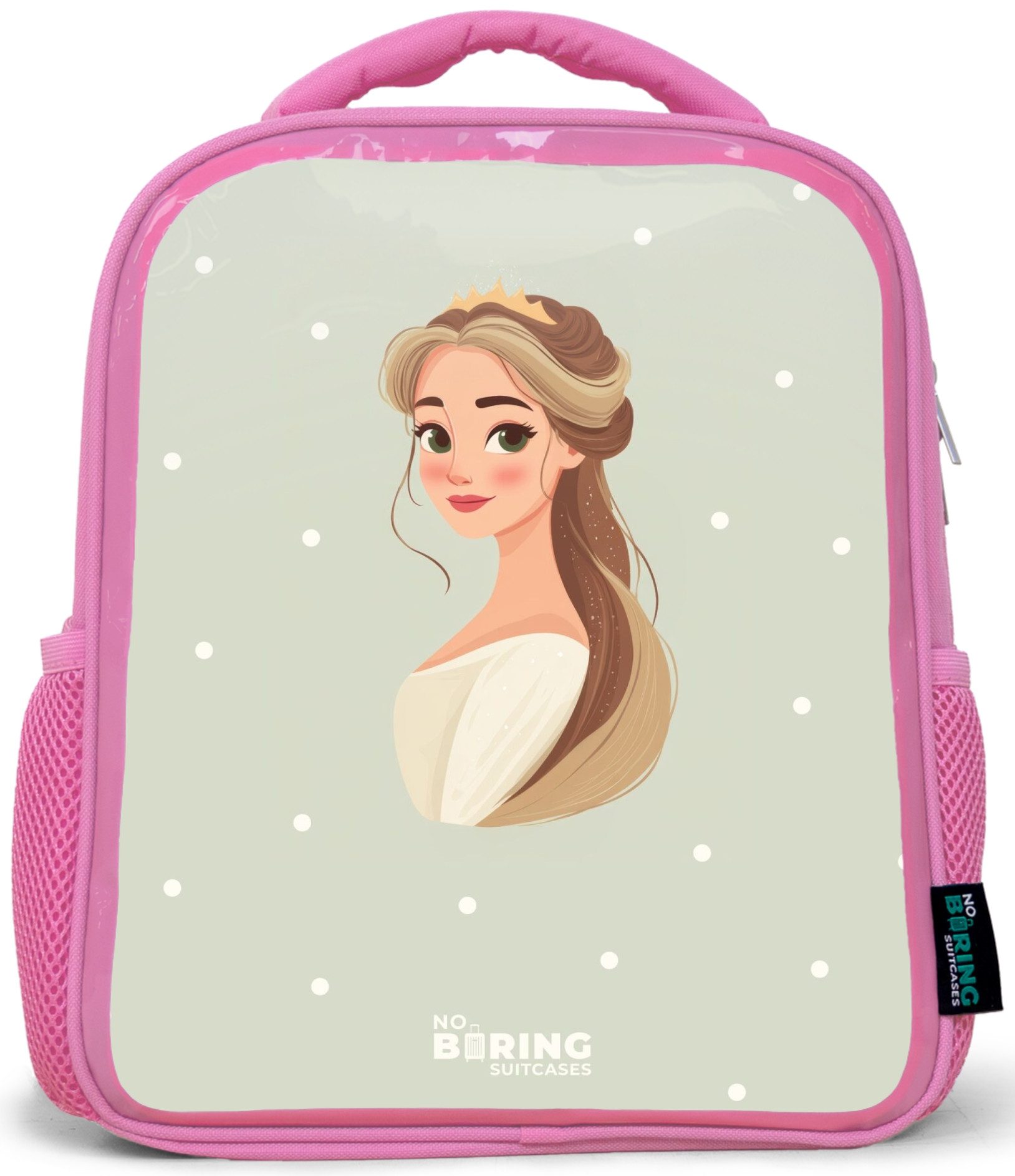 Rucksack Rosa - Prinzessin mit Diadem auf grünem Tupfenhintergrund
