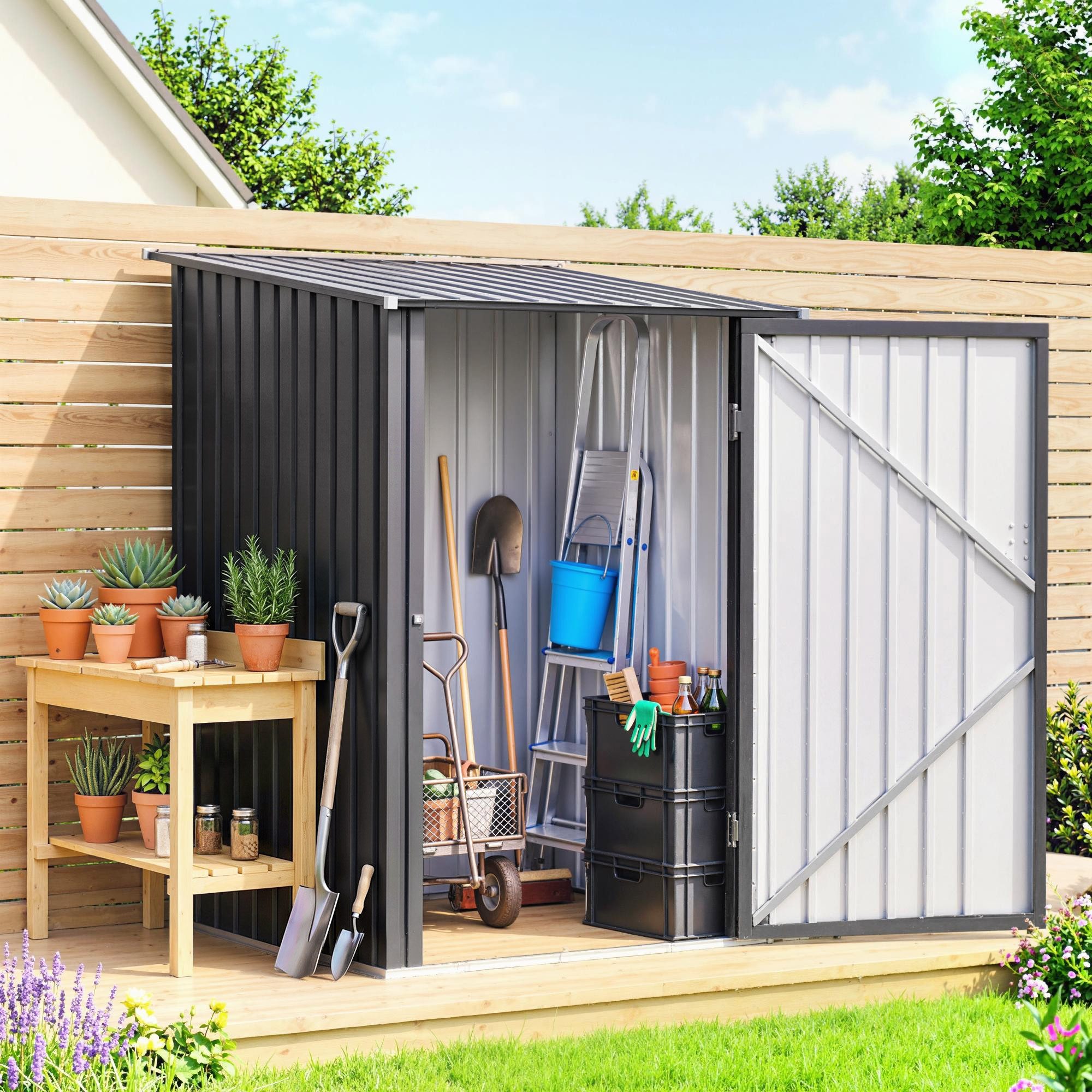 Outsunny Gerätehaus Metall 0,92 m² Geräteschuppen mit Pultdach Abschließbarer Tür, BxT: 100x103 cm, (Gartenschrank, 1 St., Geräteschrank), für Garten, Dunkelgrau