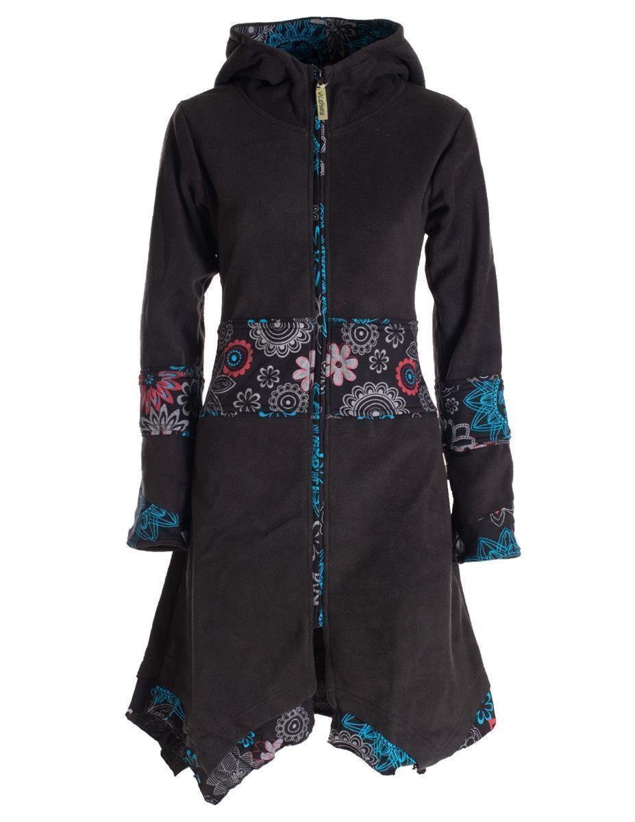 Kurzmantel Gothik, Vishes Cardigan Style Boho Goa, schwarz Ethno, Fleece Fleecemantel Mantel Zipfelkapuzenjacke Hooded