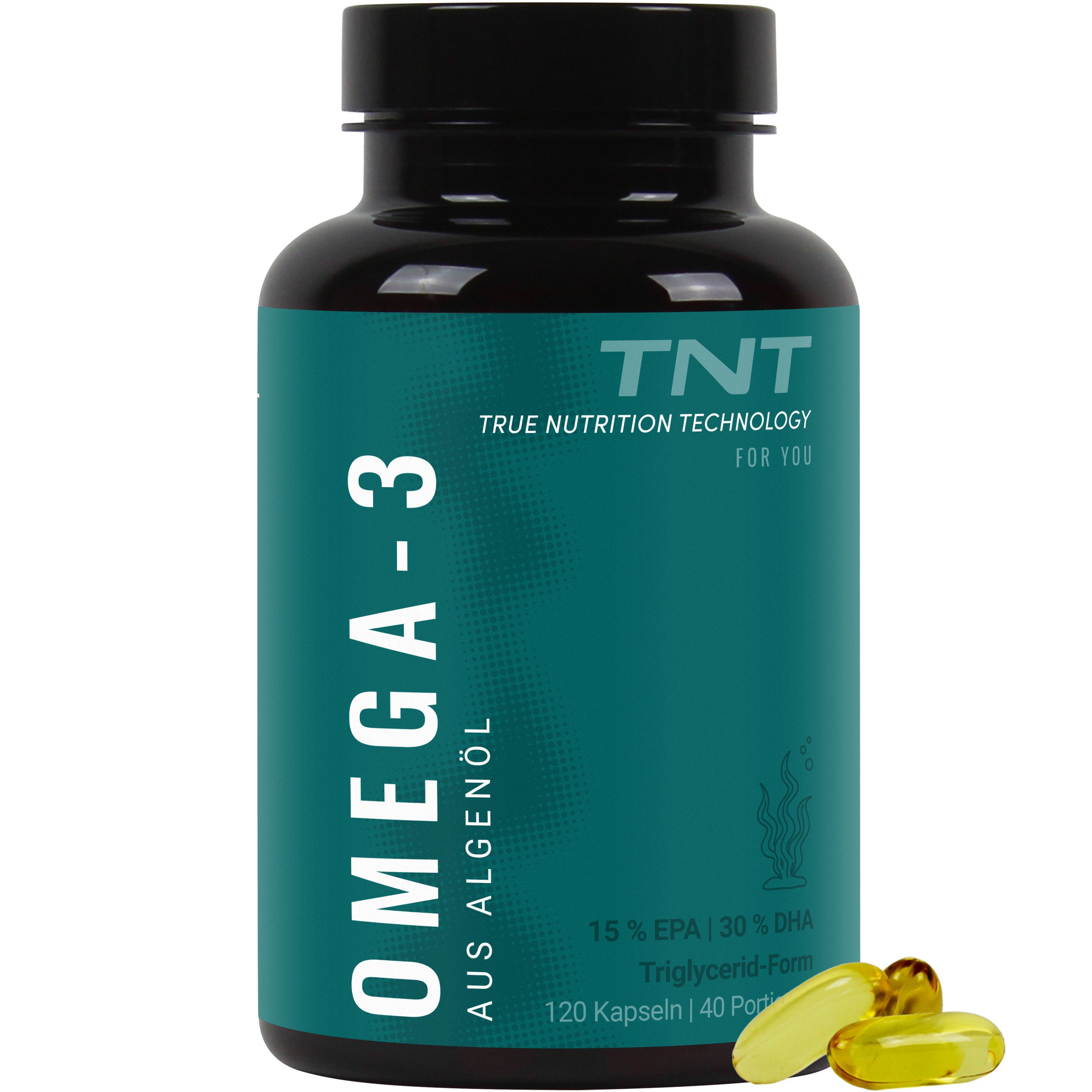 TNT (True Nutrition Technology) Omega-3 Kapseln aus Algenöl mit 300mg DHA + 150mg EPA Kapseln, 120 St., 164 g