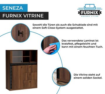 Furnix Anrichte SENEZA S-3 Vitrine mit 3 Schubladen & 1 Glastür Warmia Nussbaum, Vintage-Stil, Verglasung- gehärtetes Glas, getönt