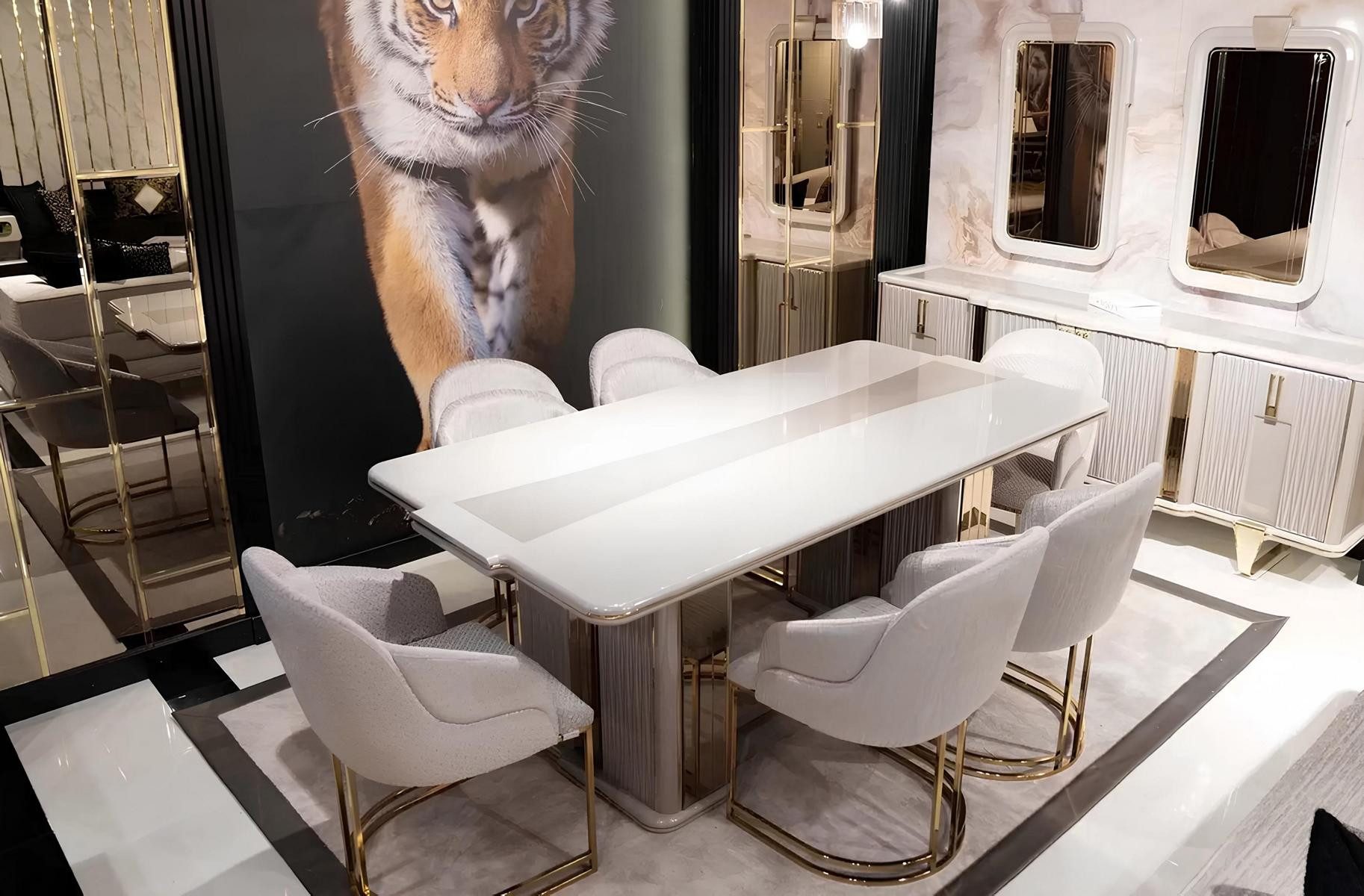 JVmoebel Esszimmer-Set Elegantes weißes Esszimmer-Set mit Esstisch, Stühlen und Sideboard, (8-St., Maße Esstisch , Maße Stühle, Maße Sideboard mit Spiegel), Made in Europe