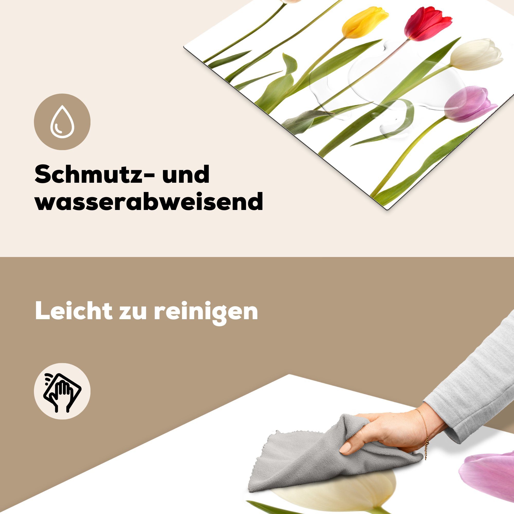 nutzbar, - Vinyl, Arbeitsfläche Blumen Weiß 60x52 - tlg), Herdblende-/Abdeckplatte cm, MuchoWow Ceranfeldabdeckung Mobile - (1 Stilleben, Tulpen