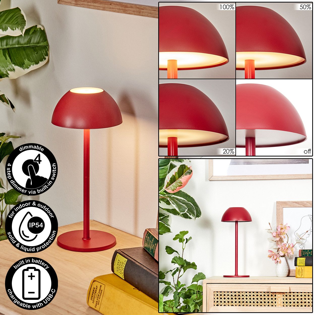 hofstein Tischleuchte Tischlampe aus Metall/Kunststoff in Rot/Weiß, dimmbare Tischleuchte mit Akku, Touchdimmer, Memoryfunktion, IP54