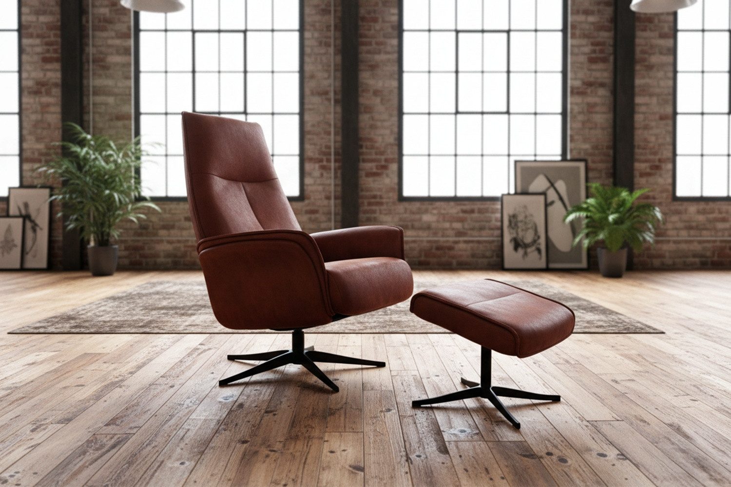 KAWOLA Relaxsessel JOSIANE Lederfaserstoff cognac Komfort Drehsessel, 360° drehbar, Relaxfunktion, Kopfstütze, inklusive Fußhocker