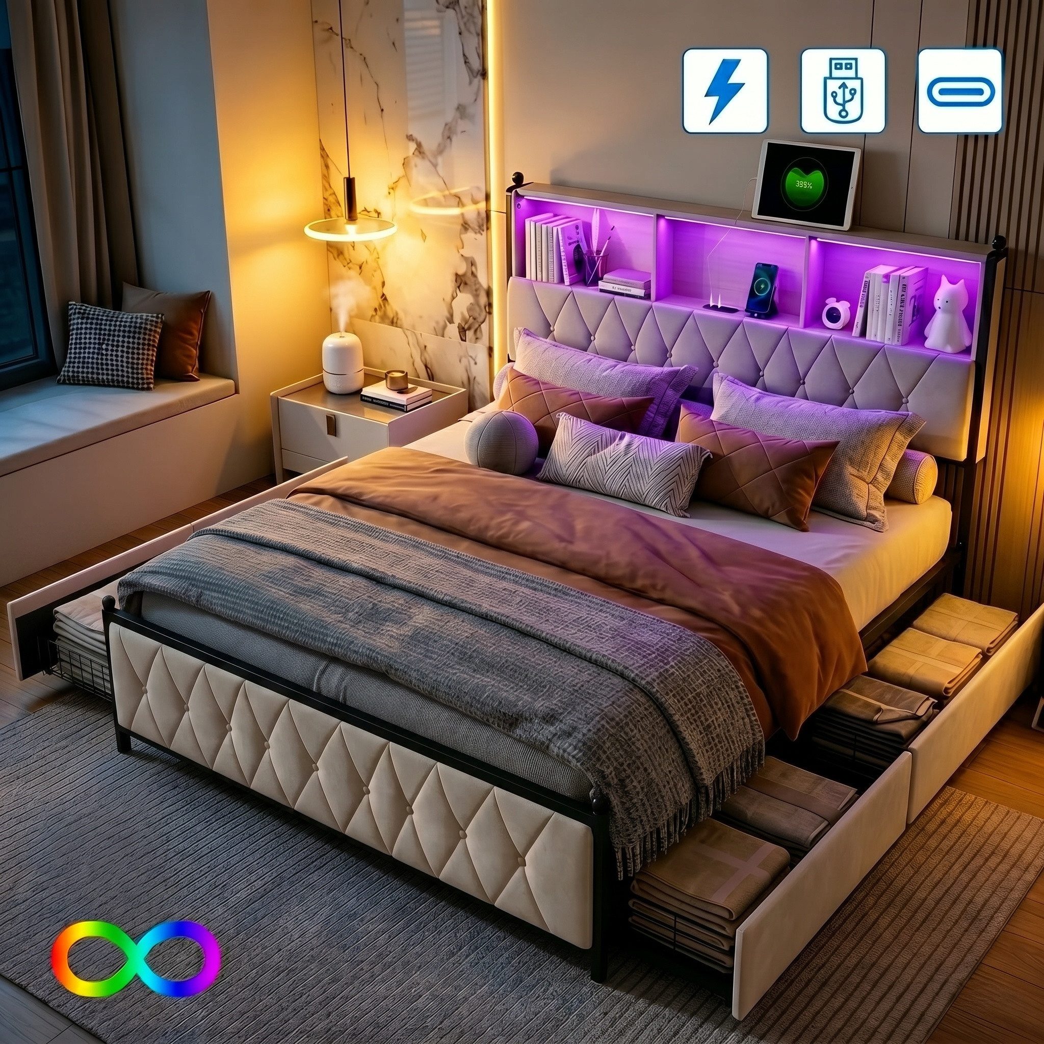 Furnishings Home Polsterbett 140x200 cm Stauraumbett LED Doppelbett (1 tlg, Geeignet für Jungen und Mädchen, Mit große Stauraum), mit Lattenrost und Ladefunktion, mit Komforthöhe, Leises Design Bett