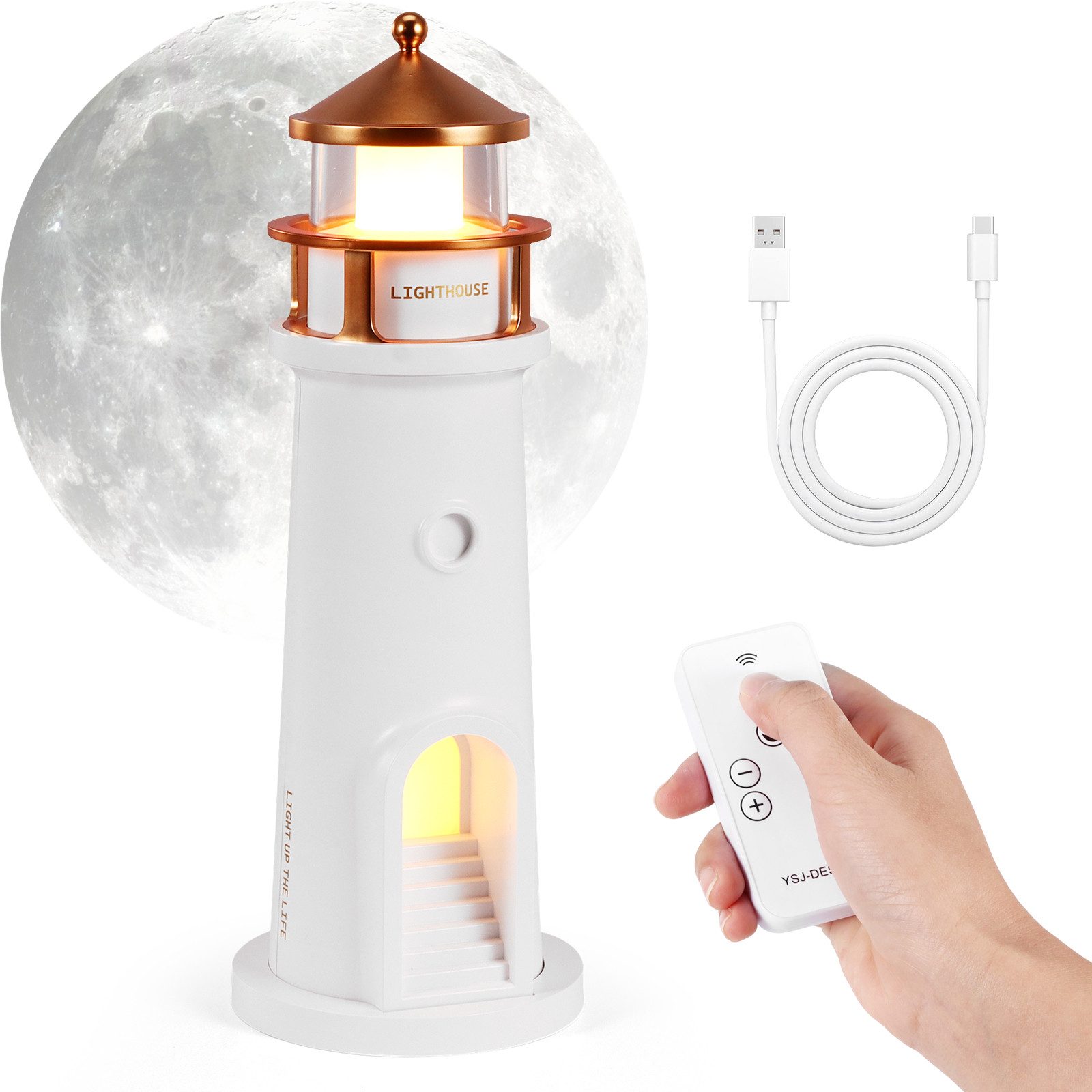 BlingBin Nachtlicht Leuchtturm Lampe, Projektion Leuchtturm Lampe, Tischleuchte, mit Bluetooth-Fernbedienung, LED fest integriert, warmes Licht, Tischleuchte Leuchtturm Geschenk,für Wohnzimmer Weihnachten Geburtstag