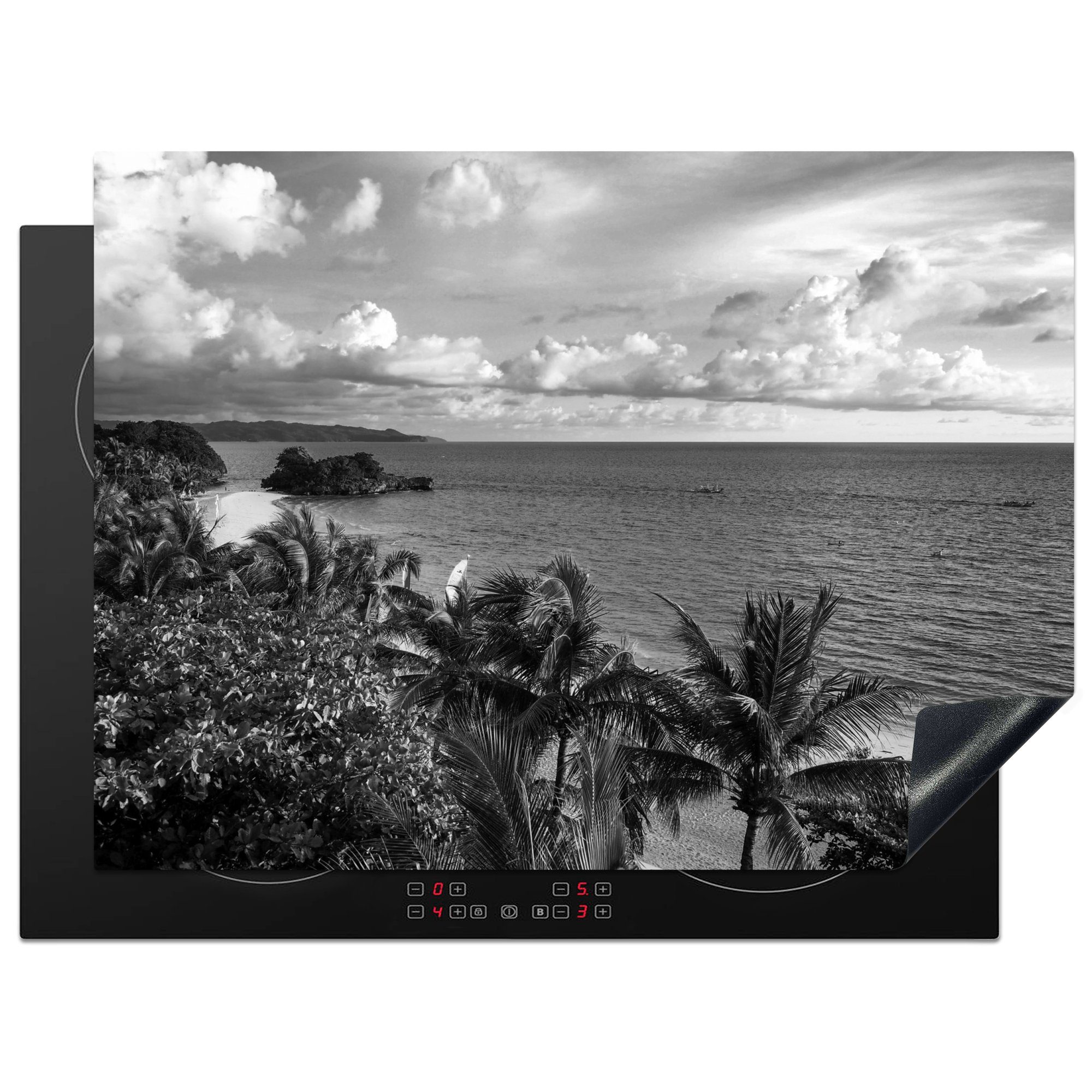 MuchoWow Herdblende-/Abdeckplatte Palmen - Strand - Philippinen - Schwarz - Weiß, Vinyl, (1 tlg), 71x52 cm, Induktionskochfeld Schutz für die küche, Ceranfeldabdeckung