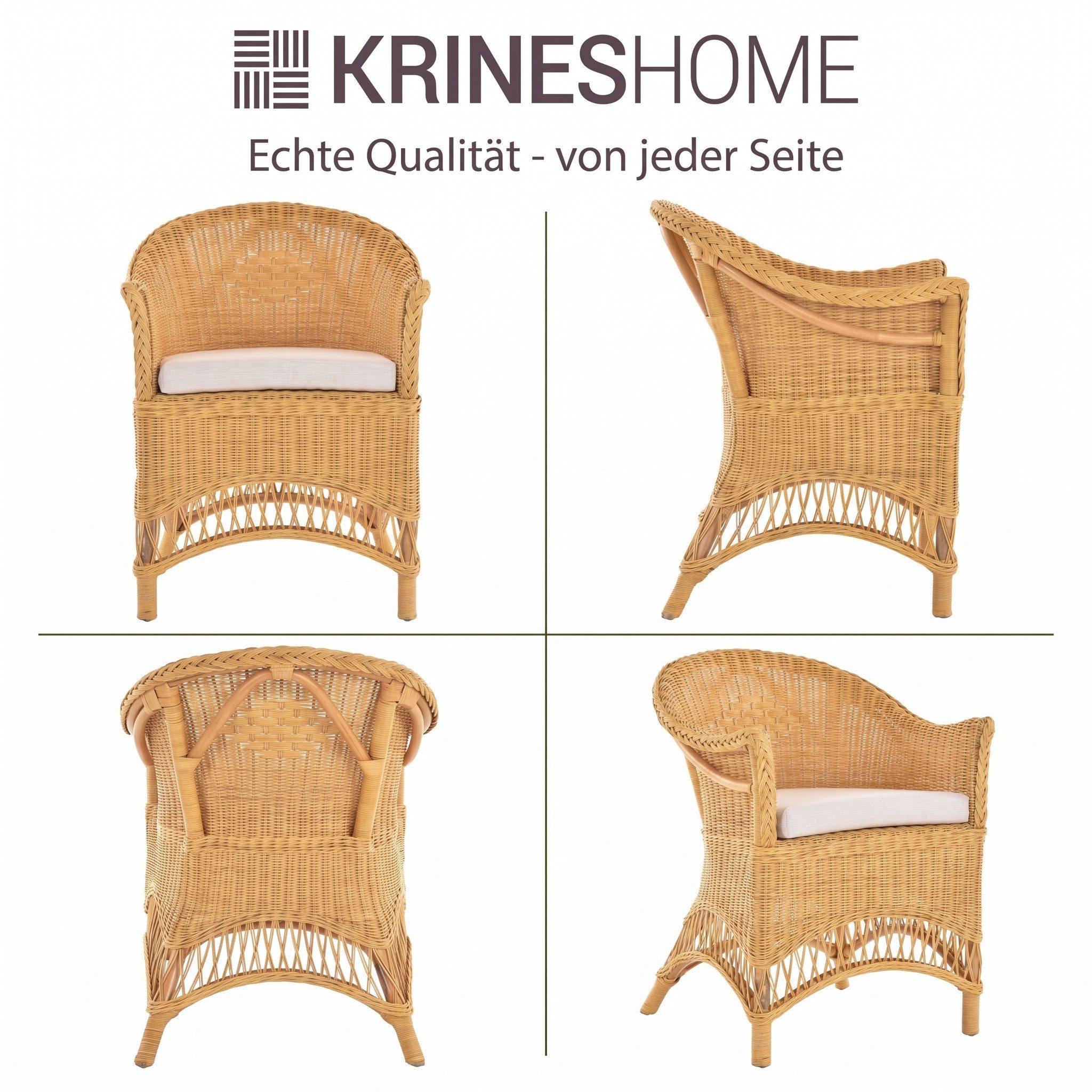 Krines Home Esszimmersessel Rattansessel Landhaus Flechtsessel Wintergarten Sessel Korbsessel, mit Armlehnen – Bild 3 von 5