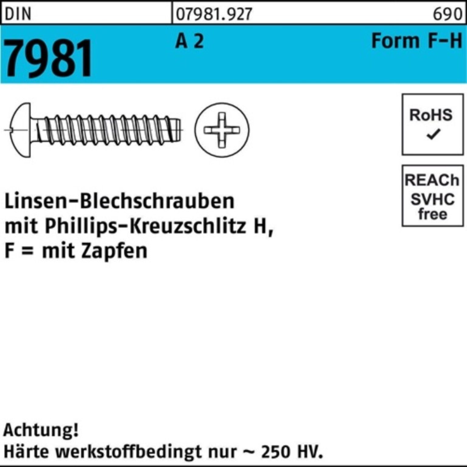 Reyher Blechschraube 1000er Pack Blechschraube DIN 7981 LIKO PH 2,9x 9,5 -F-H A 2 Zapfen 10 | Schrauben