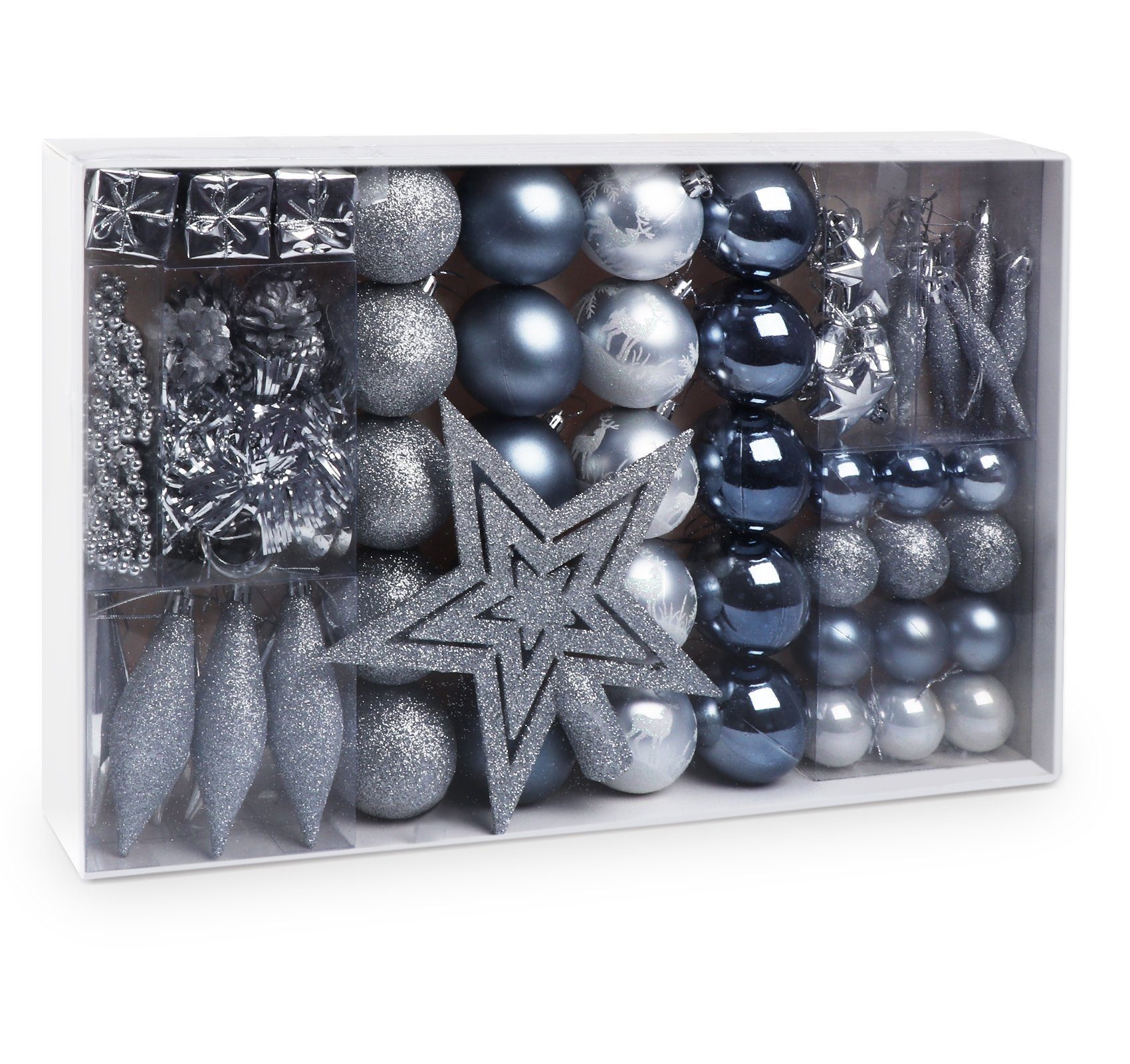 ElitVita Christbaumschmuck Weihnachtskugeln Weihnachtsbaumspitze Stern Weihnachtsdeko Set (73-tlg), Kunststoff Christbaumkugeln mit Aufhänger Deko