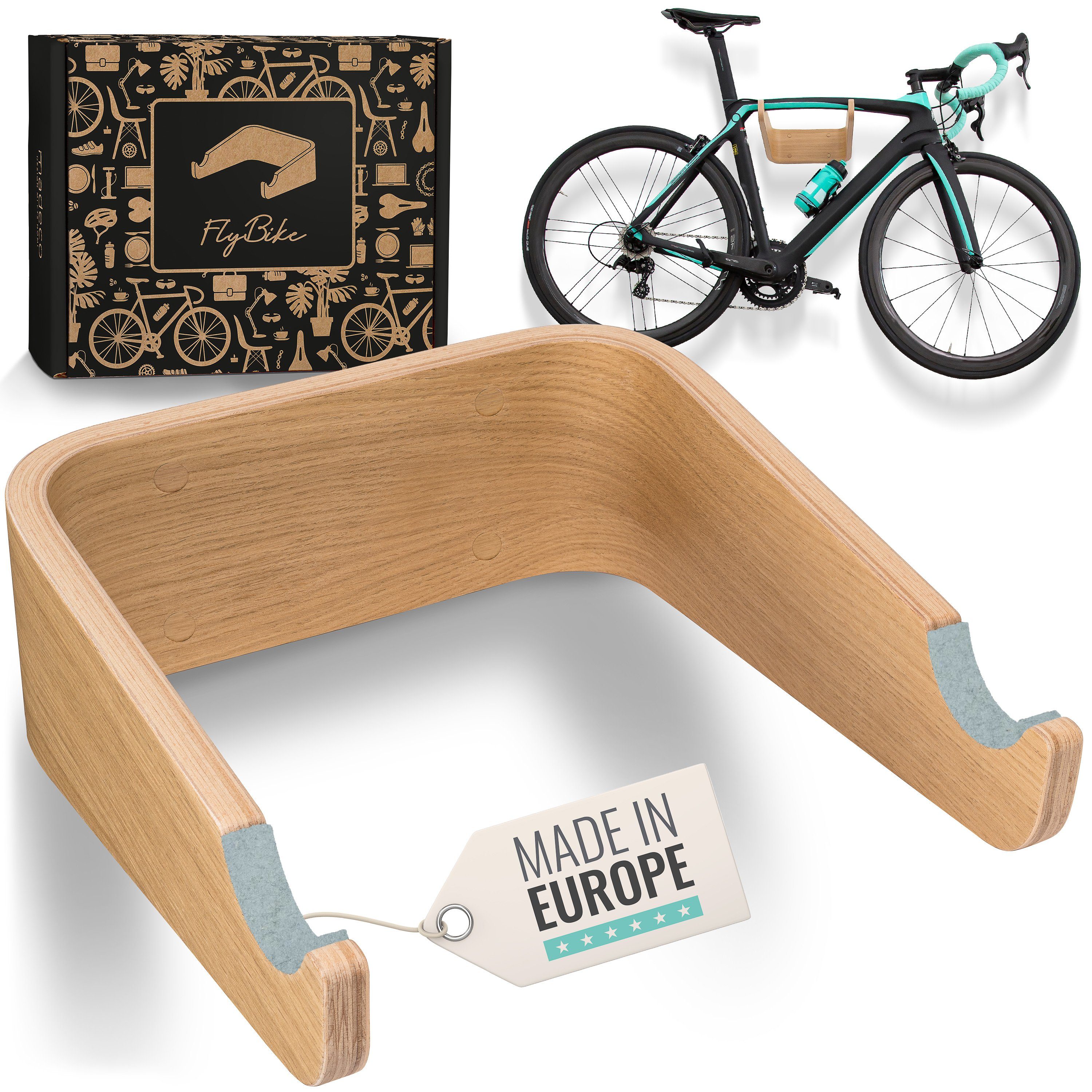 madeco FlyBike Fahrrad Wandhalterung Holz - Design Fahrradhalter für Wohnung (mit Fischer Dübeln und Wollfilz Rahmenschutz), für Rennrad, Gravelbike, Mountainbike, Fixie