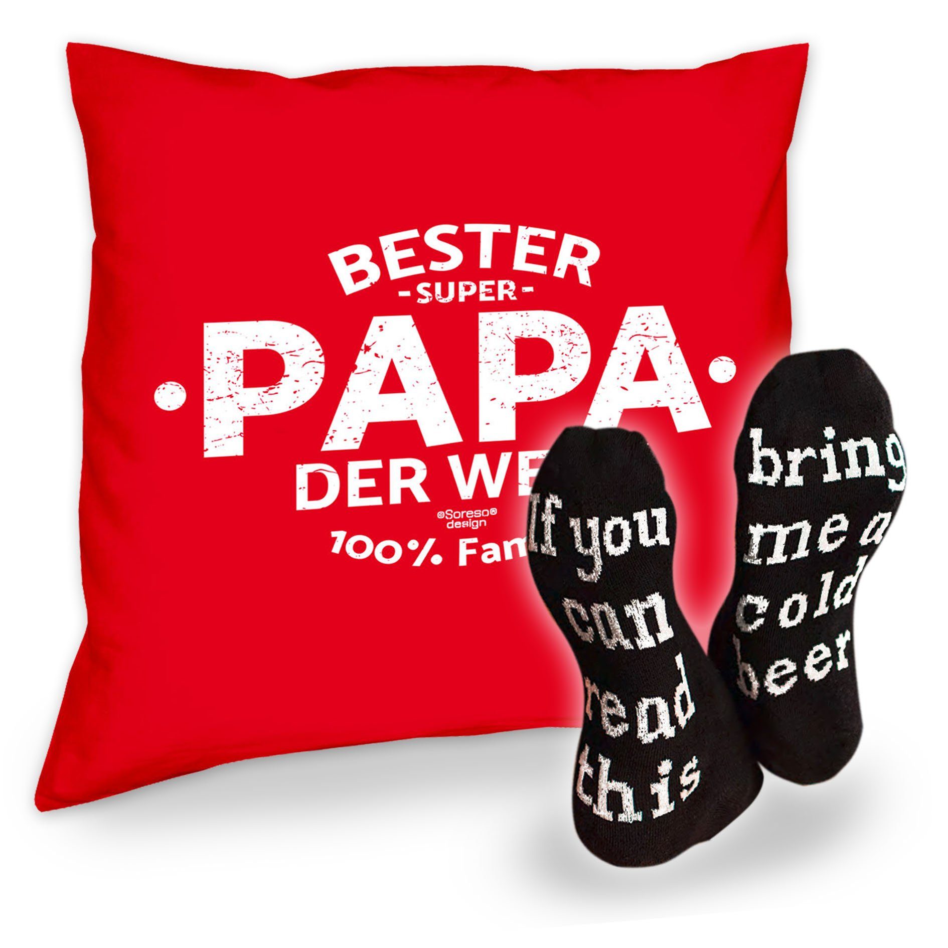 Soreso® Dekokissen Welt Geschenk rot Spruch, Kissen Bester Papa der Geburtstagsgeschenk mit Socken Bier und