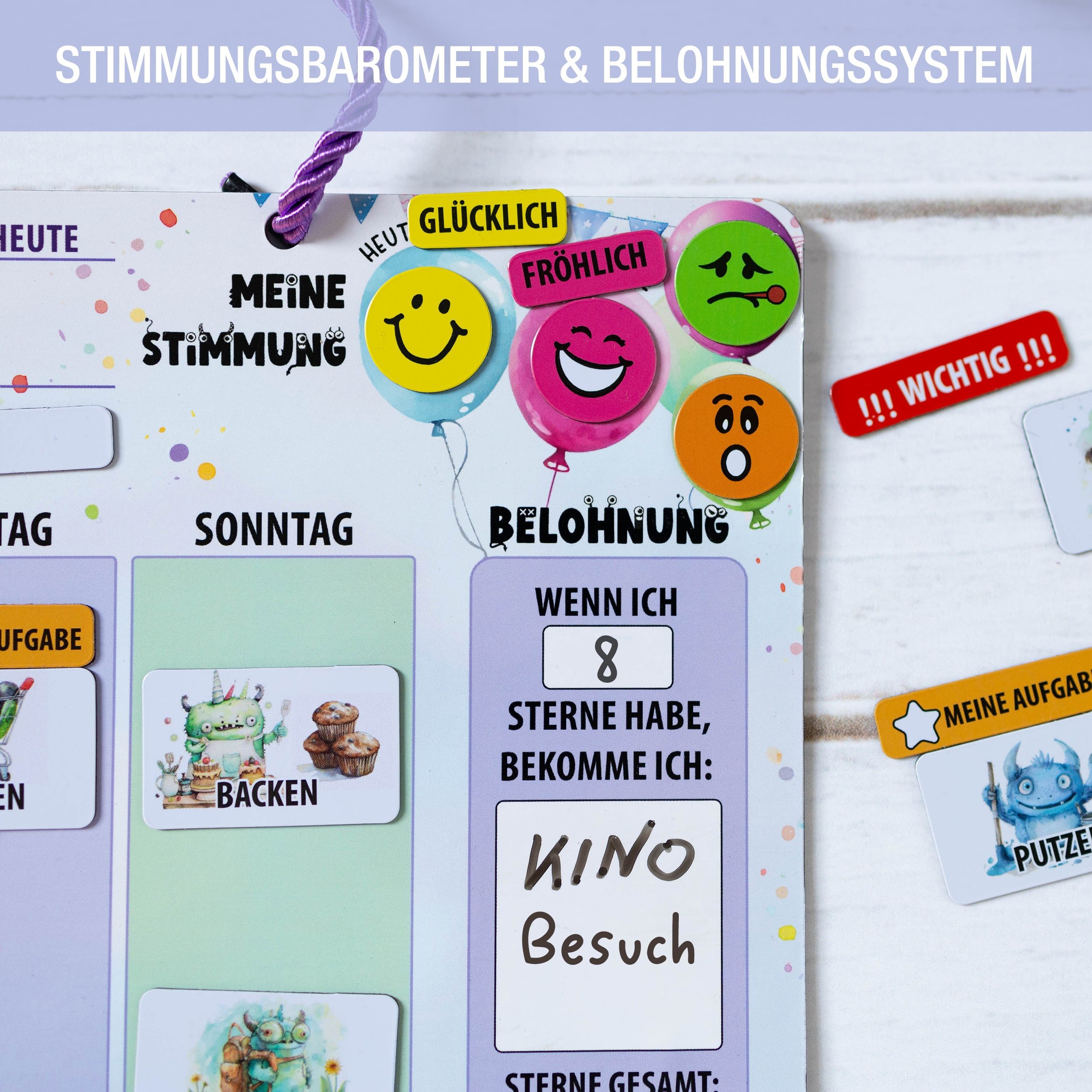 TOBJA Magnettafel Wochenplaner Kinder inkl. 200+ Magnete & Stift Montessori Planer, Routine Planer Kinder & Aufgabenplaner Kinder – Bild 4 von 5