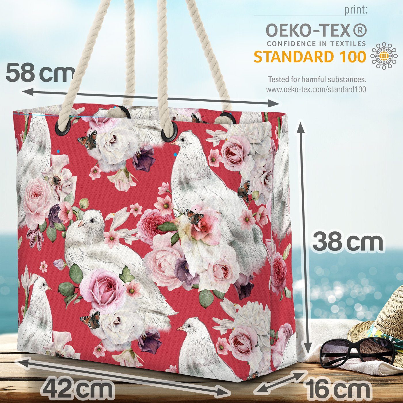 geblümt Bag Tauben VOID Romantik Rosen-Blüten Blumen-Muster Floral Strandtasche Beach Vögel Rosen (1-tlg),