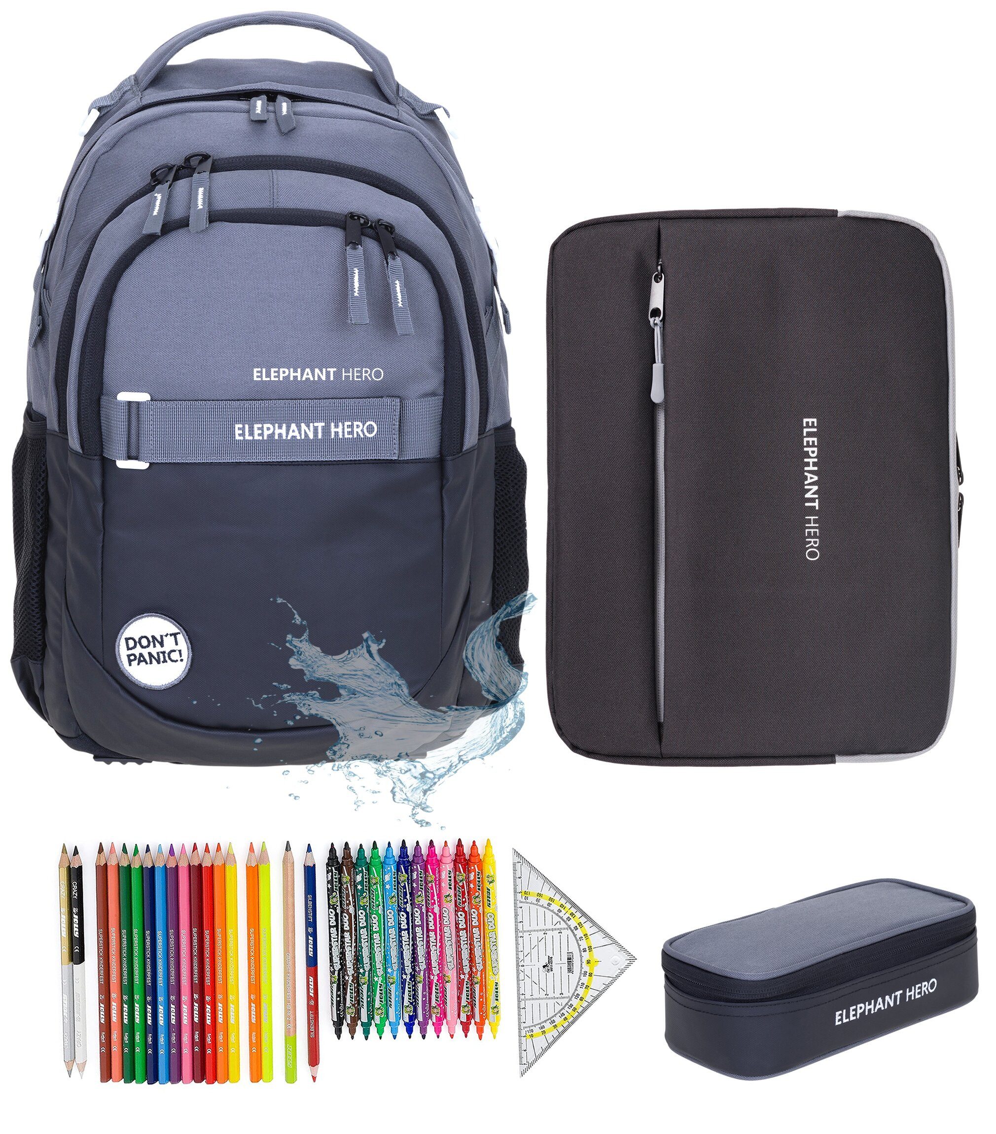 ELEPHANT Schulrucksack Hero Signature Schultasche Digital Ready Set (4 Teile Schulrucksackset, 4-tlg., inkl. Mäppchen Box + Laptop Hülle Sleeve + 31 Teile Stifte), Rucksack Schulmappe Jungen Mädchen +rmlv