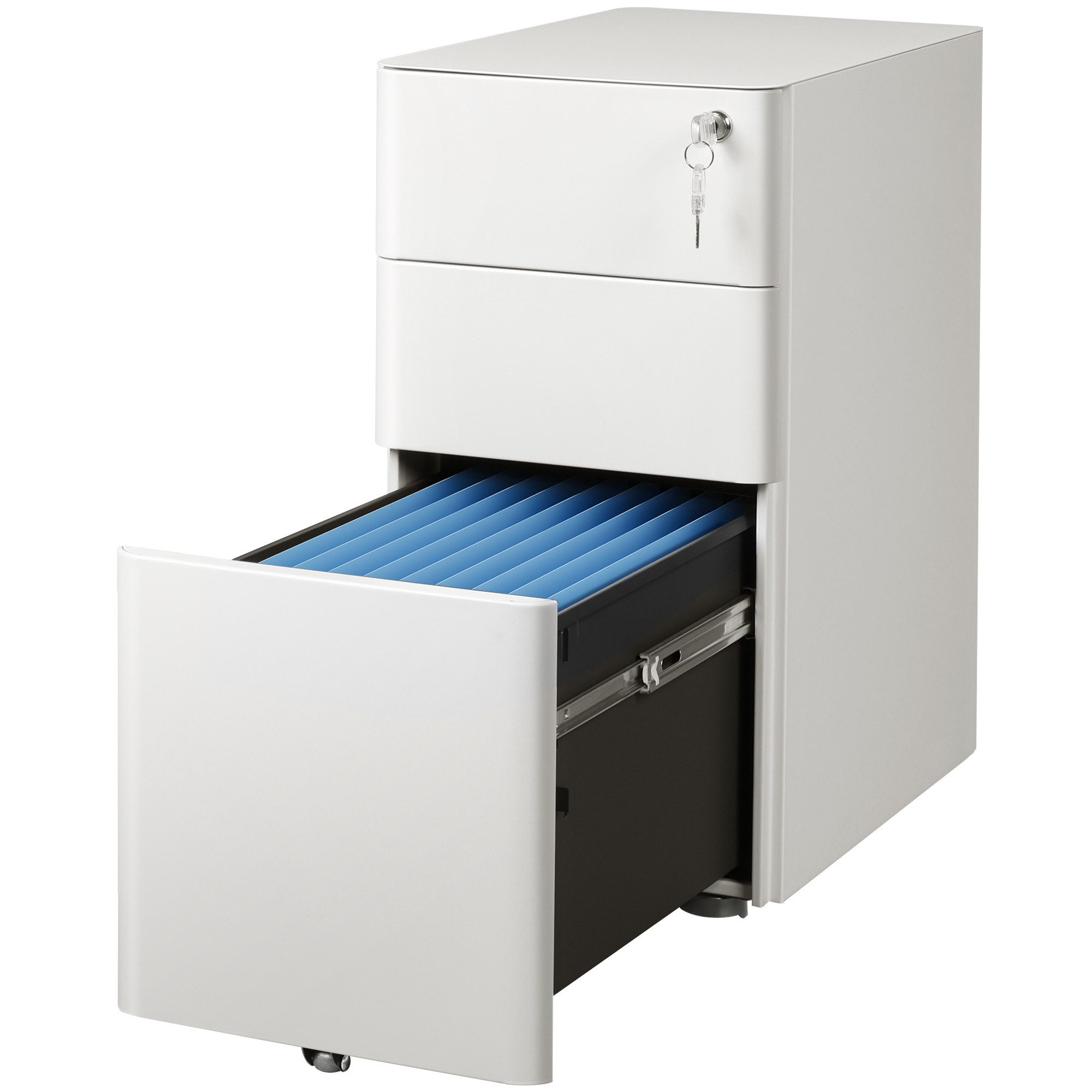 DEVAISE Rollcontainer Metall Mobiler Aktenschrank mit Schloss, Hängeregister, (Packung, 3 Schubladen, abschließbar, 59x45x30 cm), Bürocontainer mit Rollen, für A4/Letter