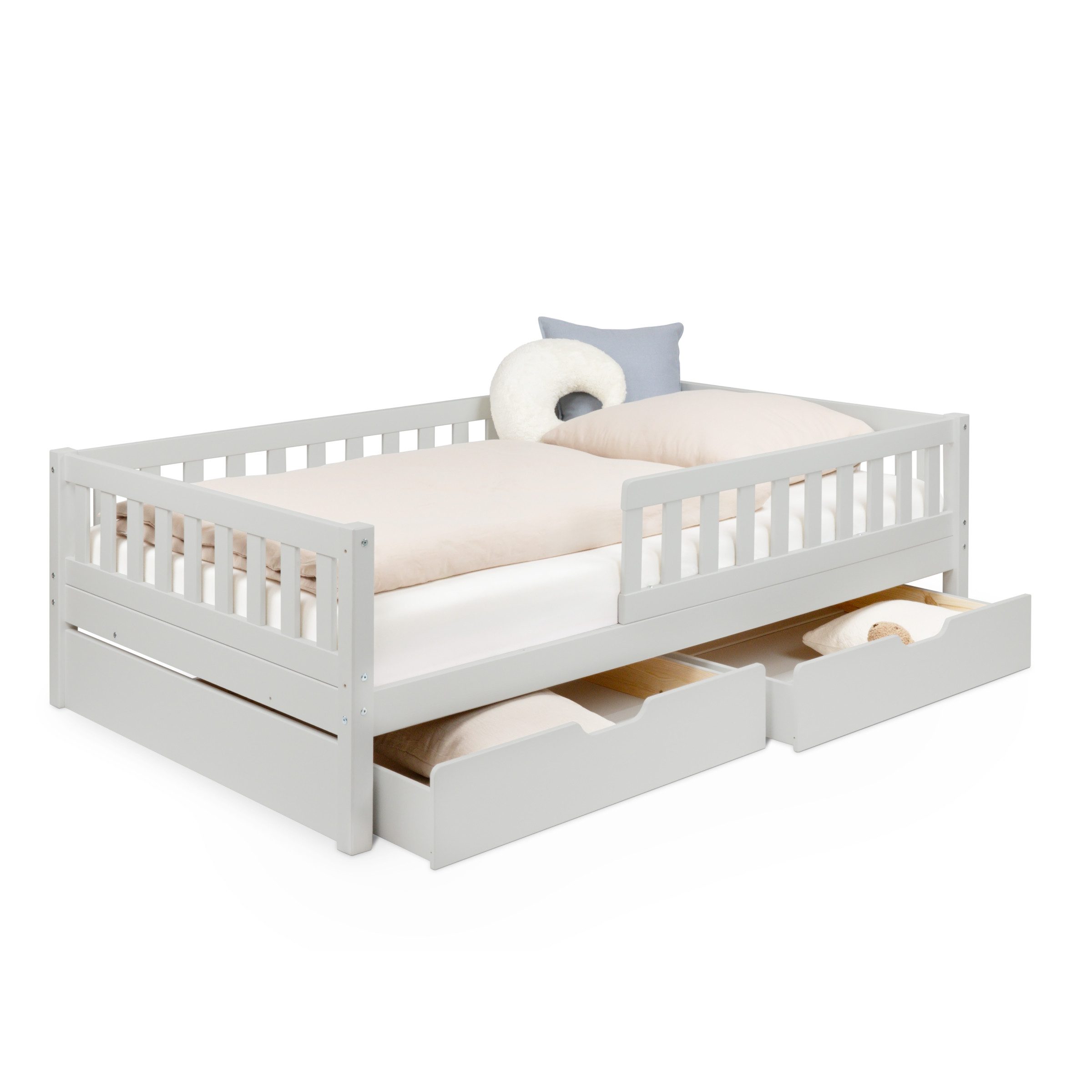 Ehrenkind Kinderbett Lille aus massivem Kieferholz inkl. Rollrost und Rausfallschutz (120x200 cm Hellgrau, 2-in-1: Mit optionalem Umbauset zum Bodenbett umbaubar), flexibler Rausfallschutz beidseitig montierbar