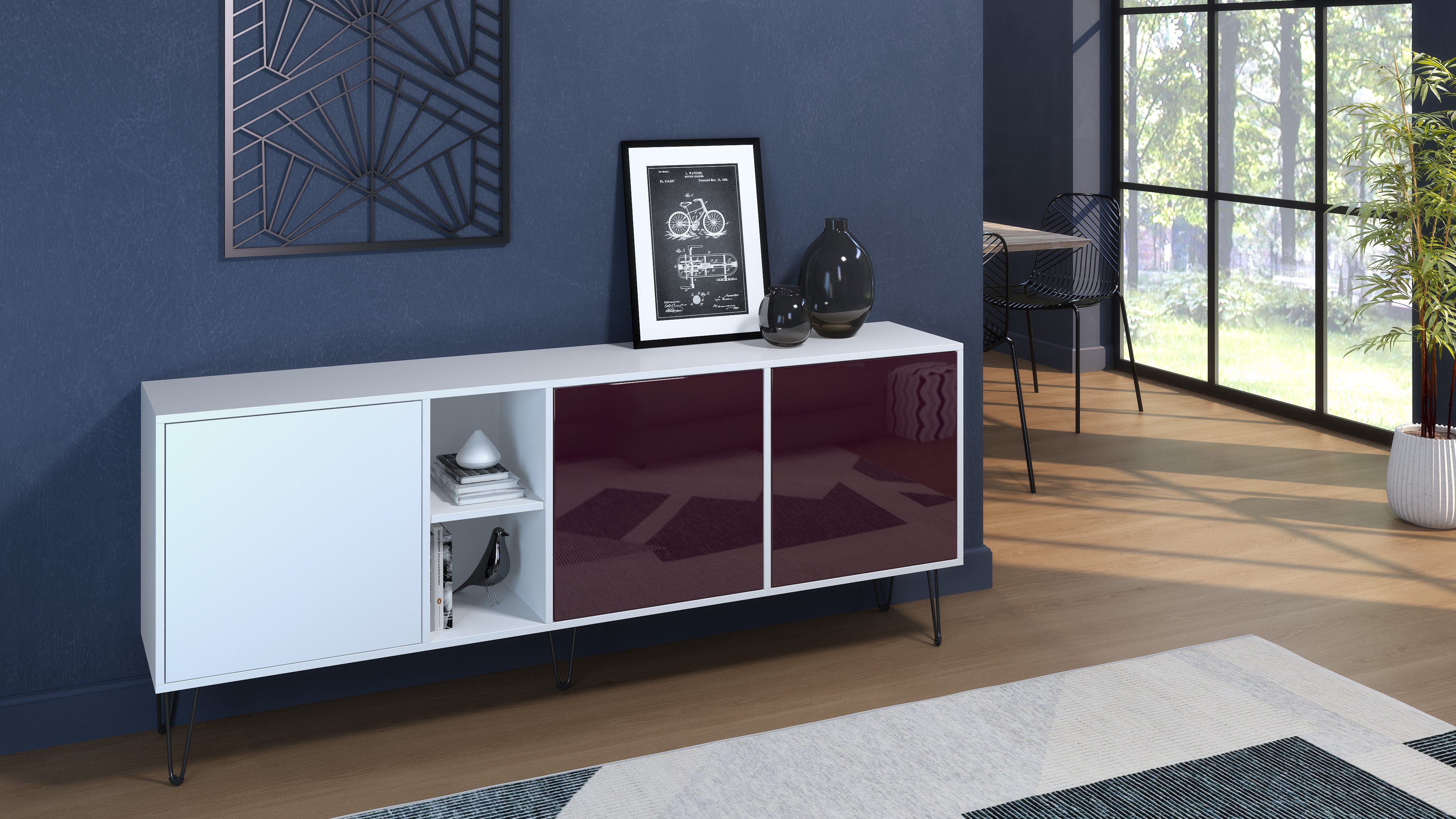 Vladon Sideboard Havana (TV-Schrank mit 3 Türen und 2 offene Fächer, Kommode Made in Germany), Weiß matt / Weiß matt (181,5 x 73 x 35 cm)