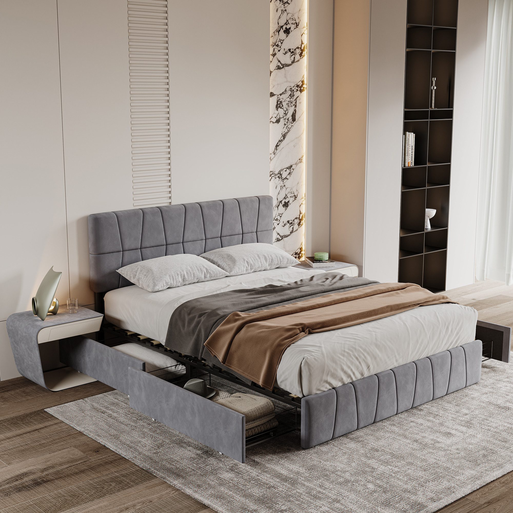 FUROKOY Polsterbett Doppelbett Stauraumbett mit 4 günstig online kaufen