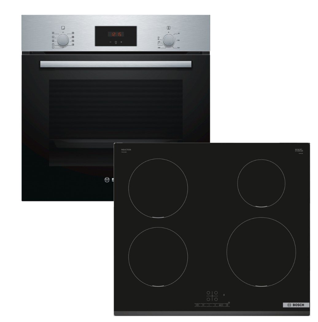 BOSCH Backofen-Set Einbau-Backofen 3D Heißluft Teleskopauszug + Induktionskochfeld Boost