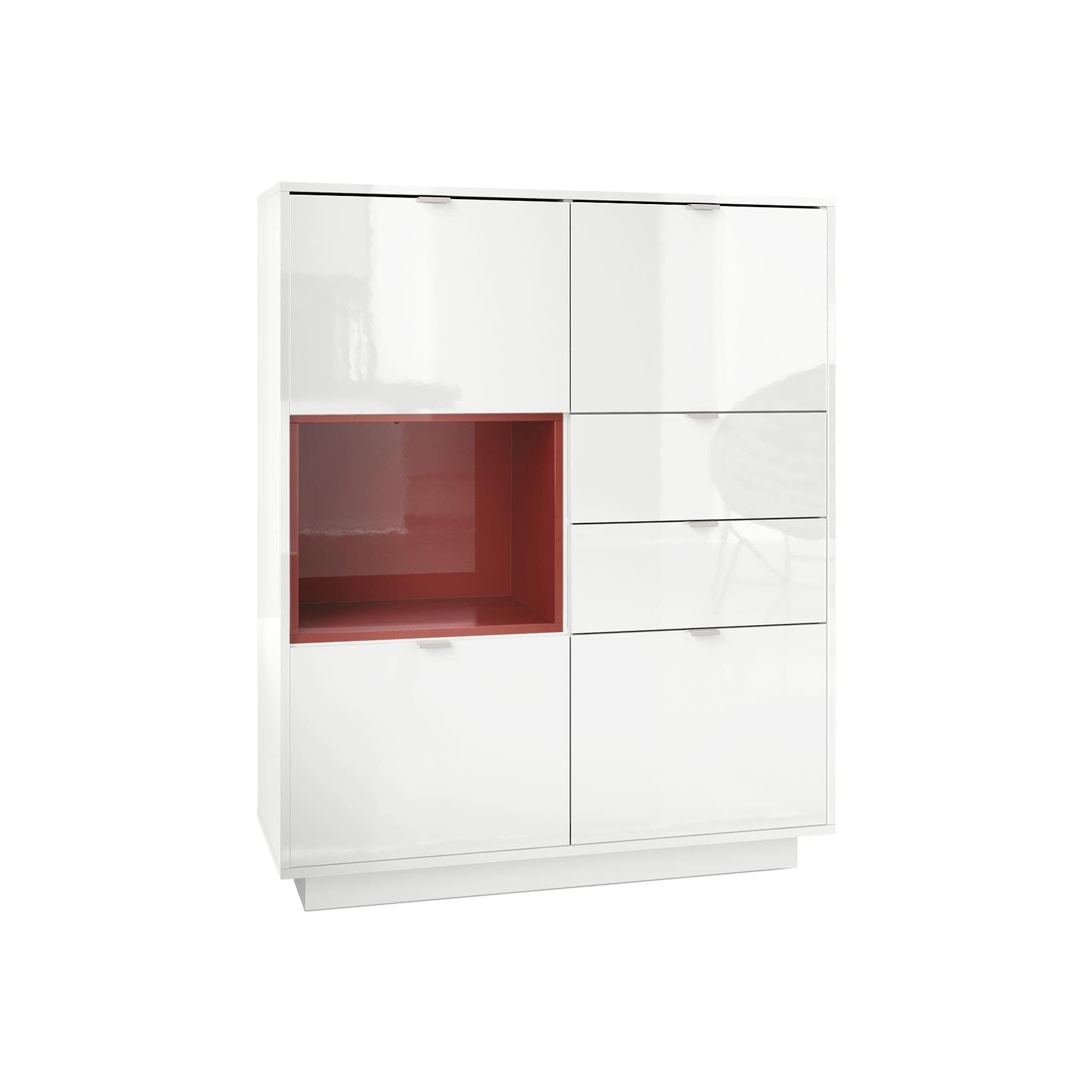 Vladon Highboard Metro (Highboard, mit 4 Türen, 2 Schubladen und 1 offenem Fach), Weiß Hochglanz/Bordeaux Hochglanz (103 x 123 x 38 cm)