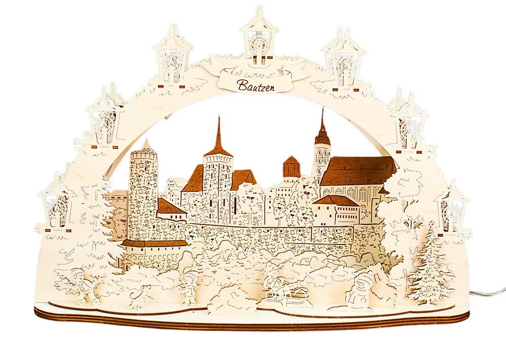 DeColibri LED Schwibbogen 3D LED Schwibbogen Bautzen - Holzkunst aus Sachsen - mit Netzkabel, Holzkunst aus Sachsen, beleuchtet