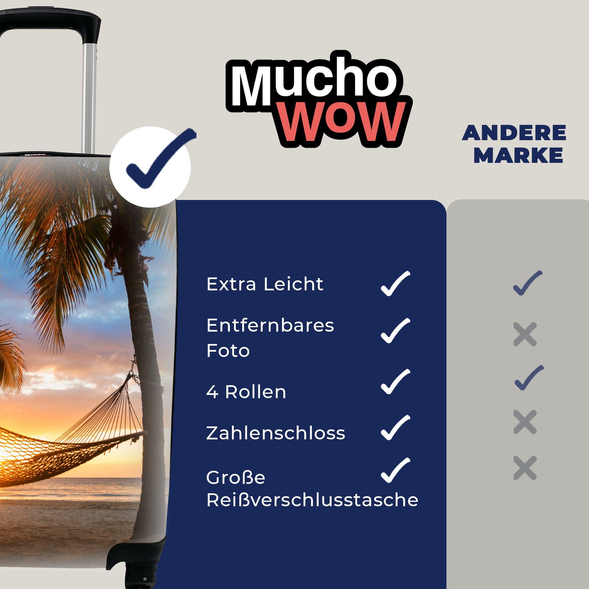 Sonnenuntergang Ferien, Rollen, mit Handgepäckkoffer Trolley, Hängematte Handgepäck 4 - MuchoWow - Palme, Reisekoffer für Reisetasche rollen,