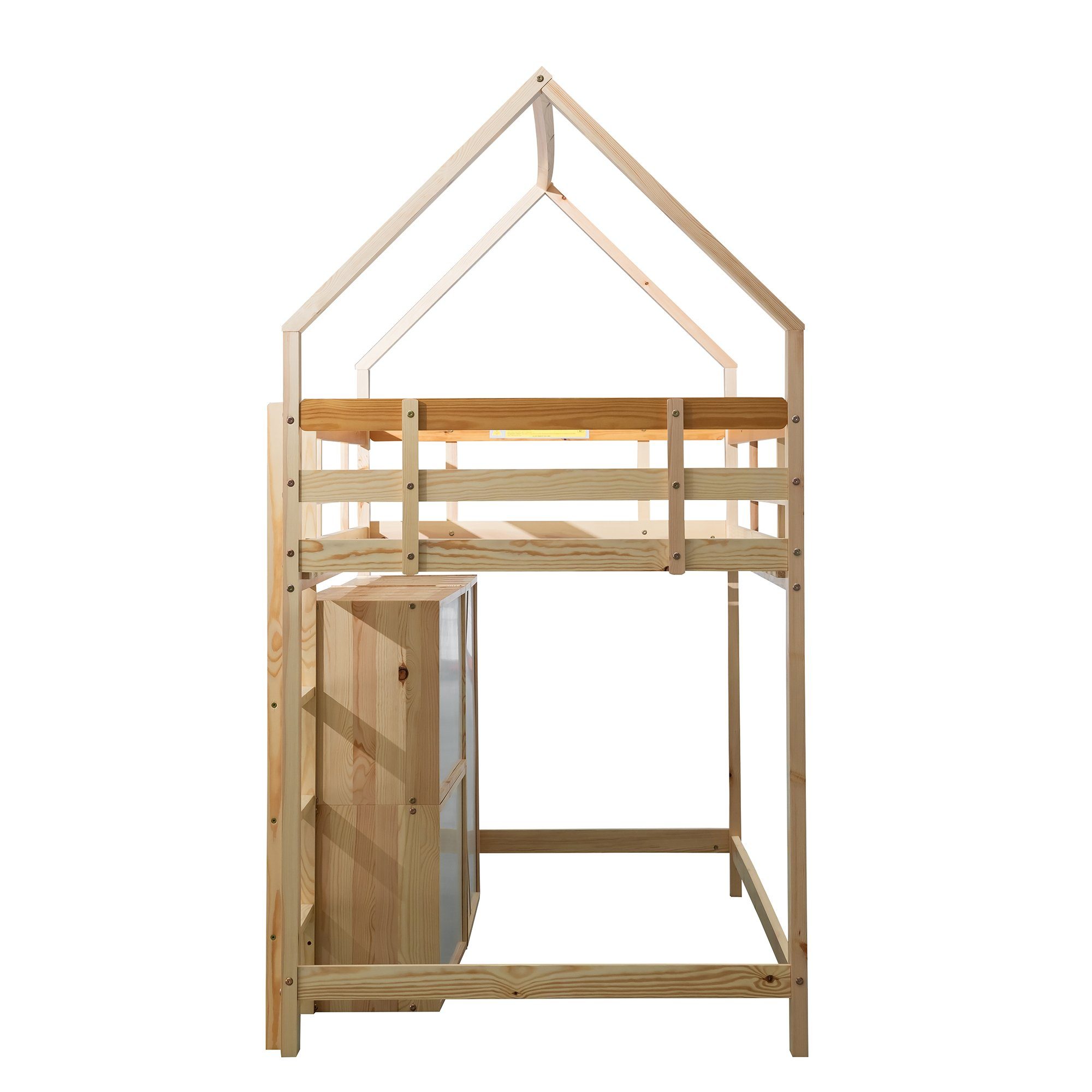 Holzbett (Bettrahmen Aufbewahrungsschrank), mit mit Treppe, Etagenbett Matratze 2 rechtwinkliger 90x200 und Stauraumbett, cm Kinderbett Hausbett Etagenbett ohne dreistufiger aus REDOM Regalen mit Absturzsicherung, Massivholz,