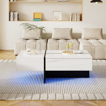 PFCTART Couchtisch Struktur aus weißem Marmorimitat, Wohnzimmermöbel, 100*50*34,5cm (Drei geräumige Schubladen), mit App-gesteuertem LED-Beleuchtungssystem