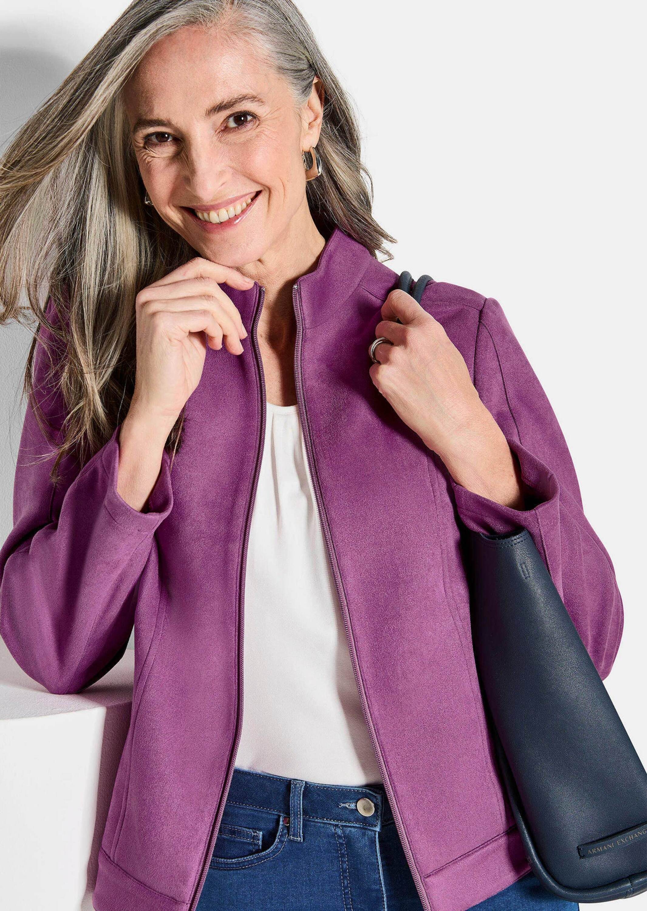 GOLDNER Allwetterjacke Kurzgröße: Elegante Veloursjacke mit Stehkragen Stilvolle Übergangsjacke mit Reißverschluss, Taschen und Langarm