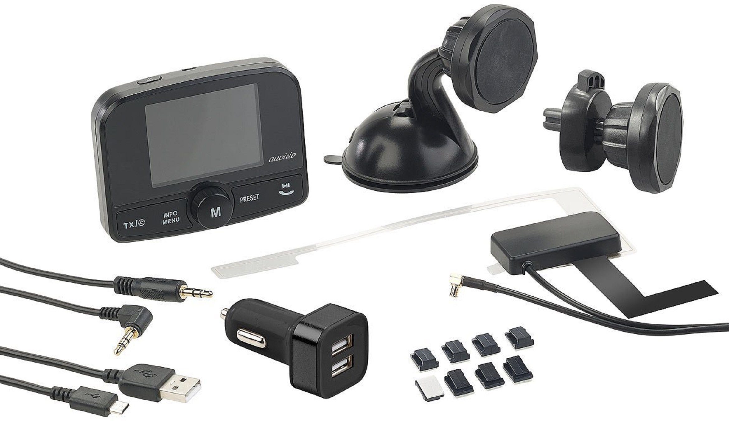 FMX-640.dab Micro-USB, MP3 Kfz-DAB+ 3,5-mm-Klinke, FM-Transmitter von Micro-USB, Freisprechen Empfänger UKW-Signal Micro-SD microSD-Karte, KFZ-Transmitter per Audio-Übertragung auvisio zu Bluetooth Wiedergabe