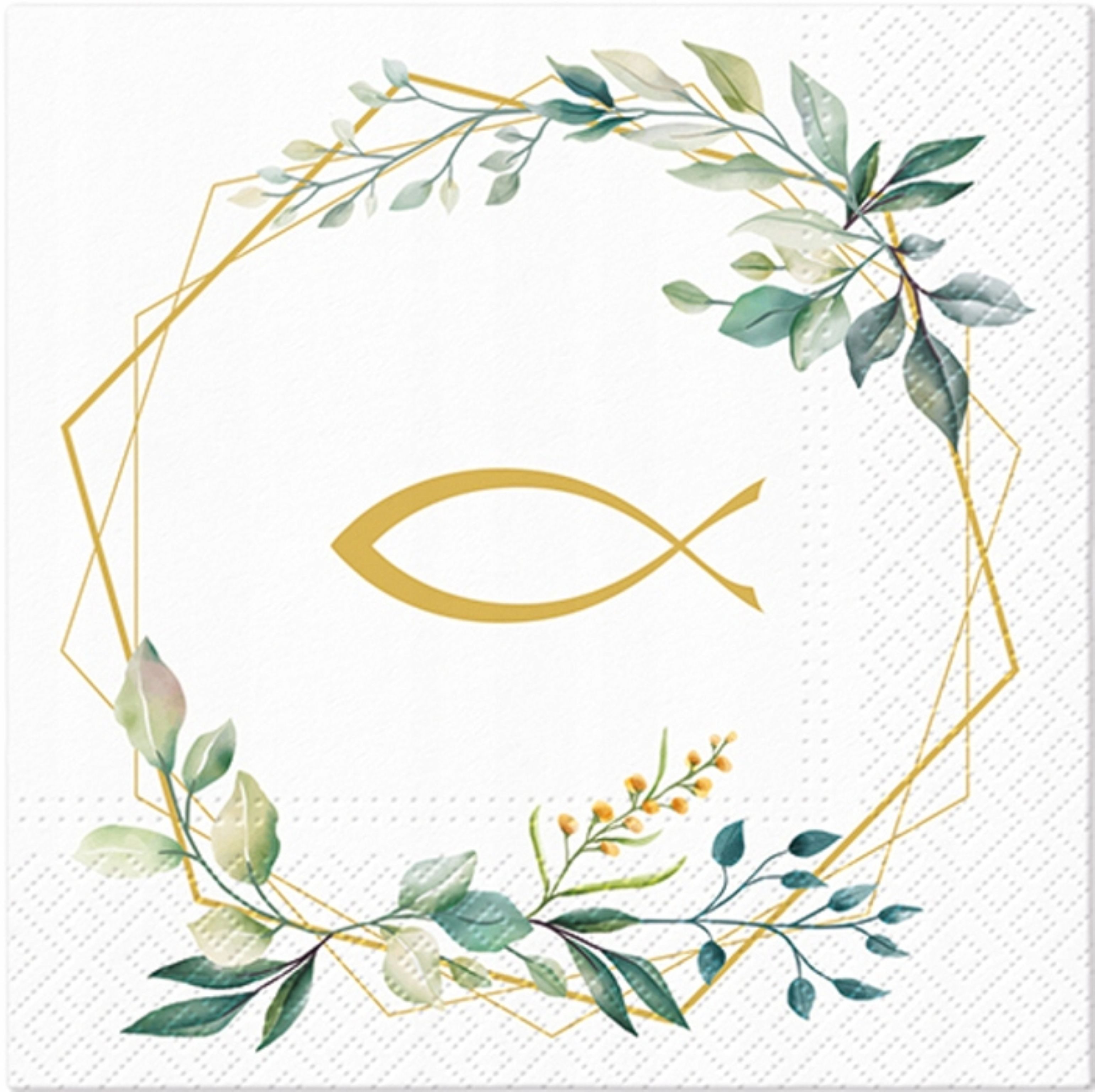 PartyPro Papierserviette Elegante Kommunion Servietten mit Fischsymbol & Eukalyptus-Muster