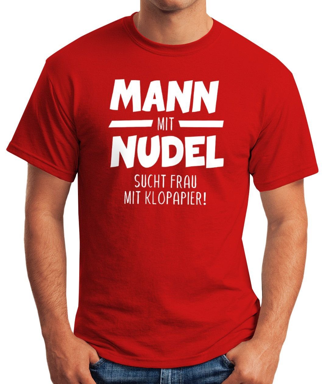 MoonWorks Print-Shirt Herren T-Shirt Mann bunkern mit 2020 lustig Nudel mit sucht Spruch Fun-Shirt mit rot Klopapiier Moonworks® Frau Print hamstern