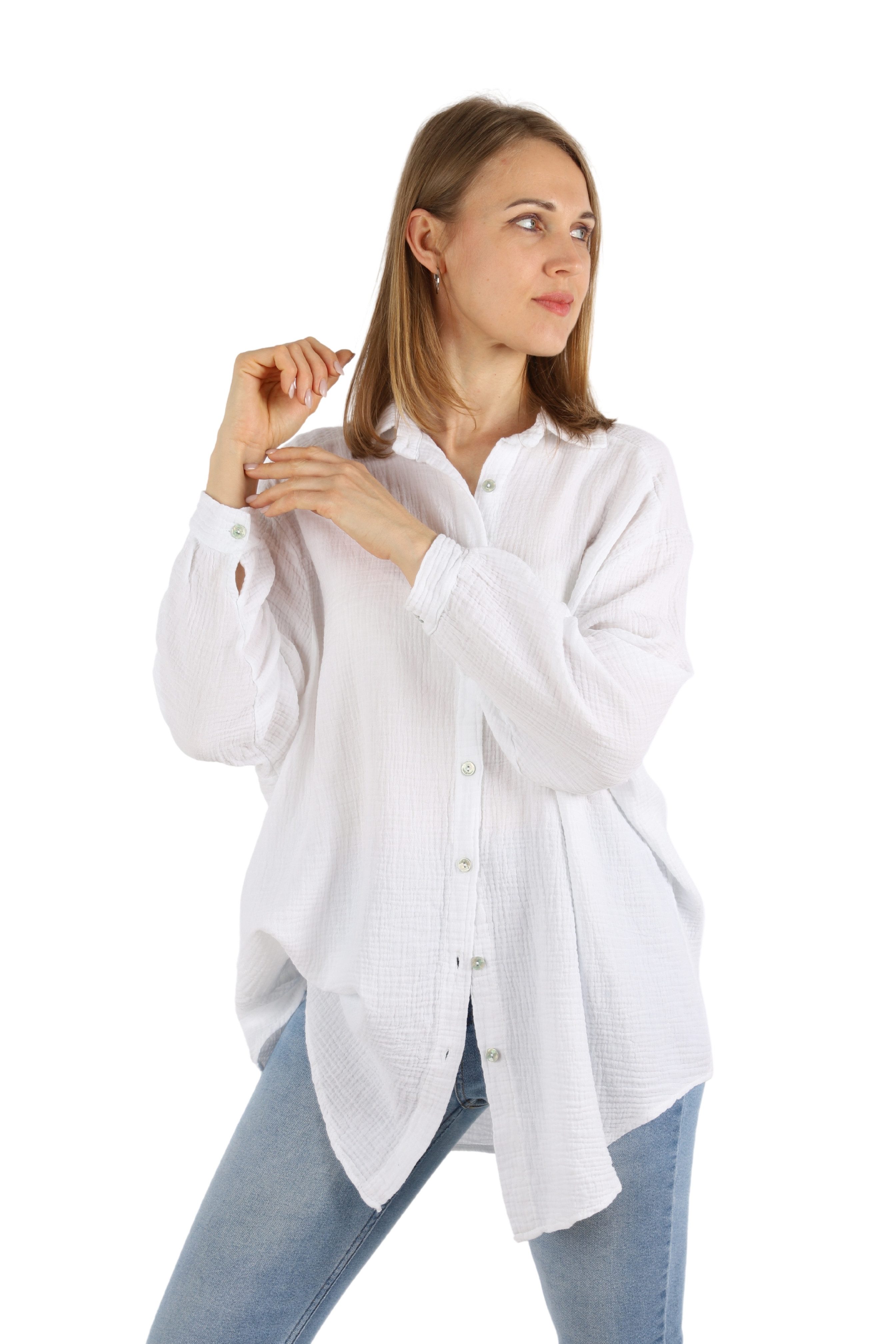 MIRROSI Longbluse Damen Musselin 100% Baumwolle Bluse OVERSIZE Design (Einheitsgröße) Langarm Hemdbluse MADE IN ITALY